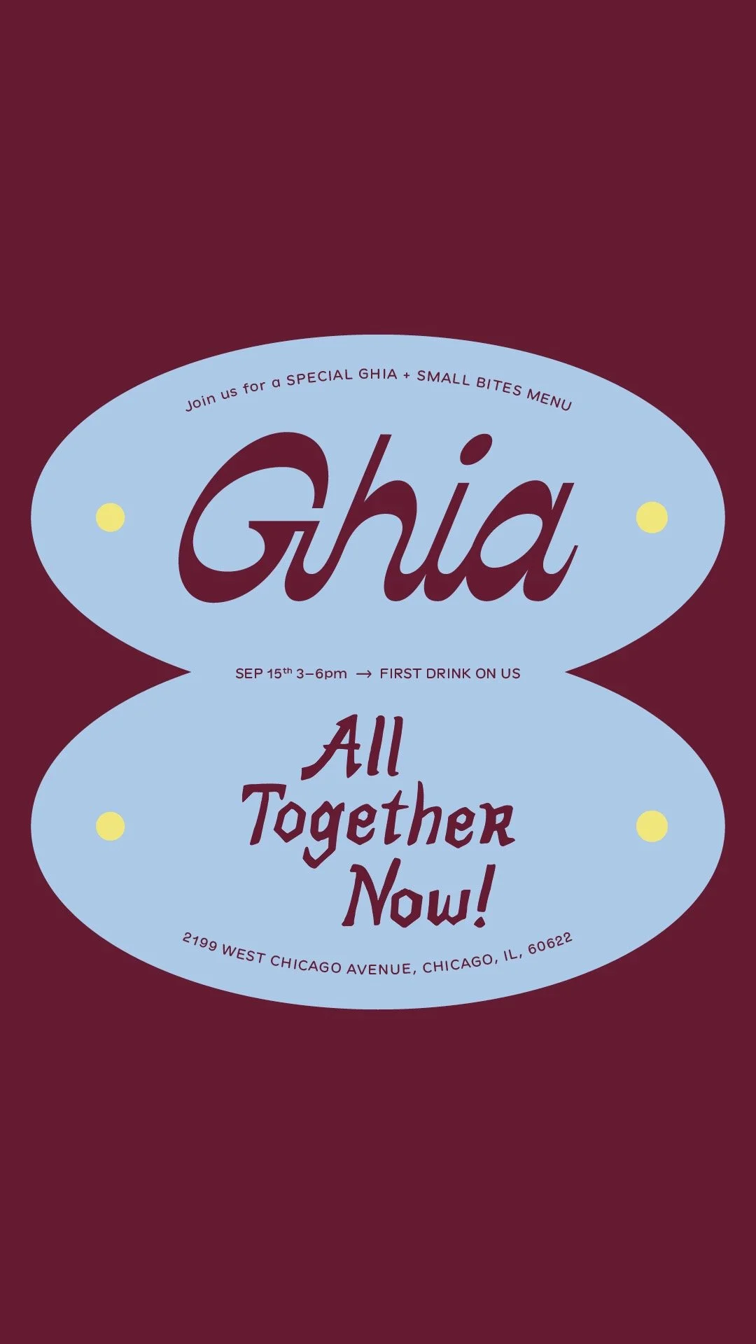 Bold graphic image with logos of non-alcoholic drink brand Ghia and Chicago wine shop All Together Now