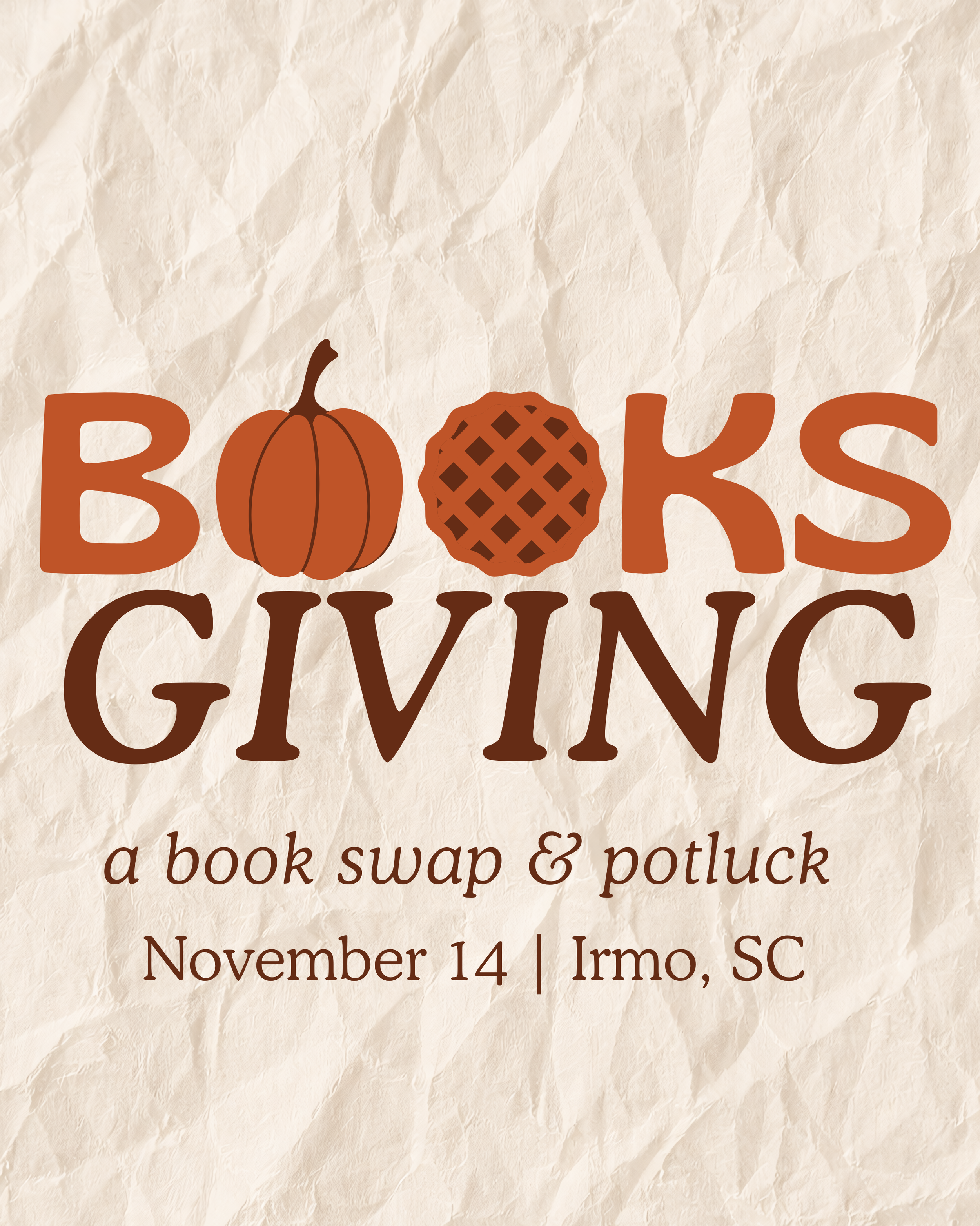Booksgiving: a book swap & potluck | Irmo, SC | November 14 | 1PM- 3PM