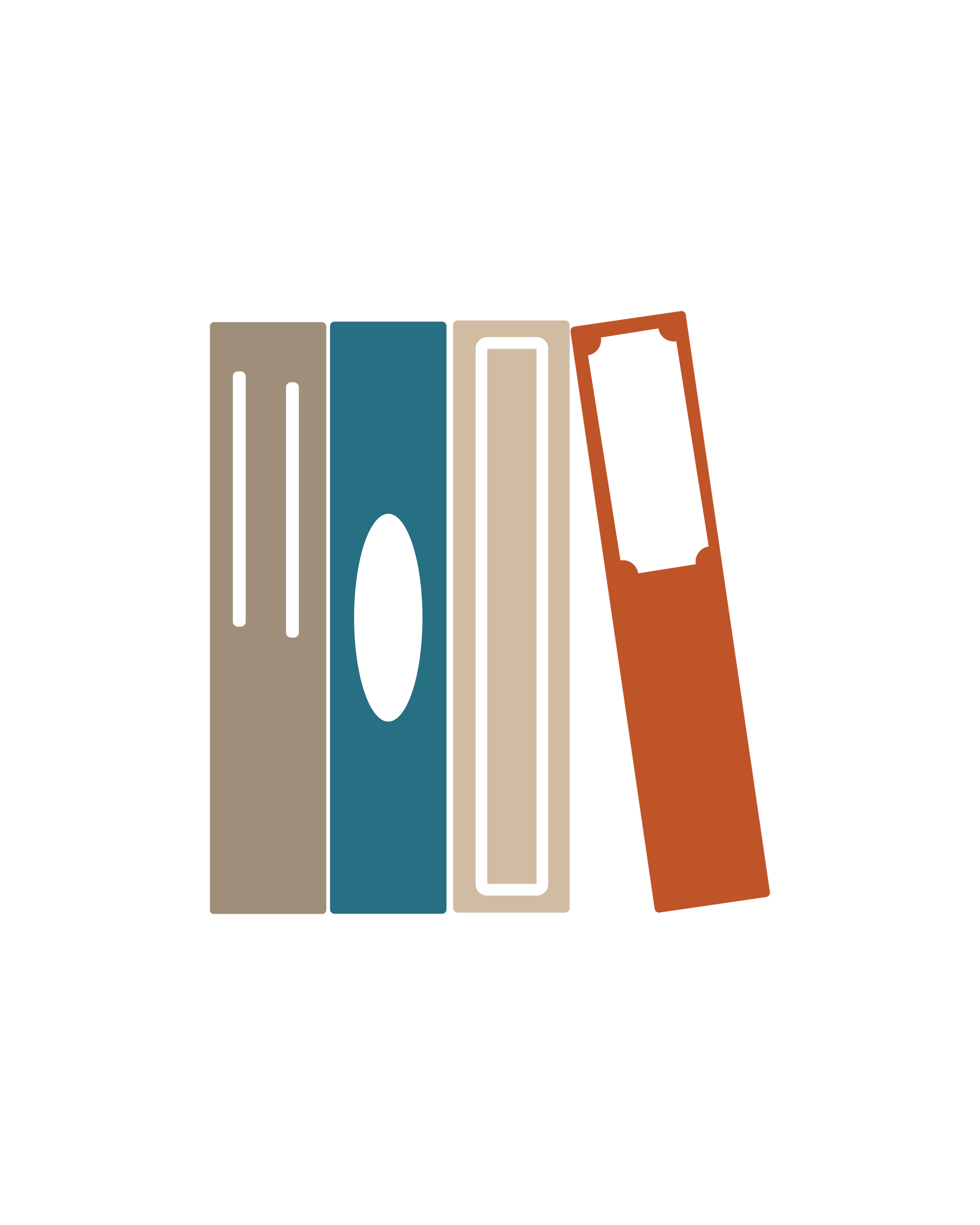 Four books with colorful covers and a blank Polaroid photograph on a black background.