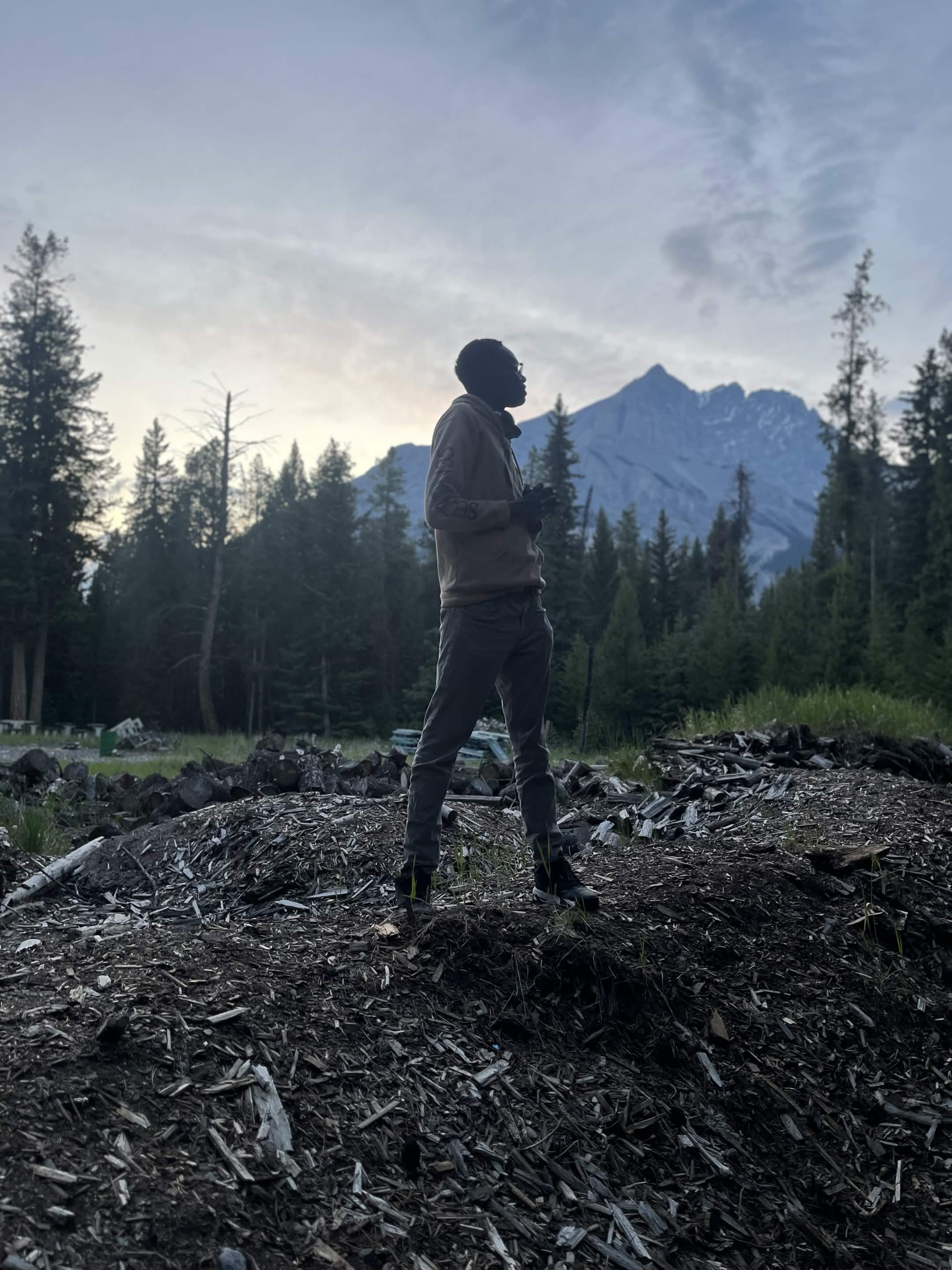 Silhouette of a man standing outdoors on a mound of wood chips or debris, with a mountain and forest in the background during sunset or twilight.