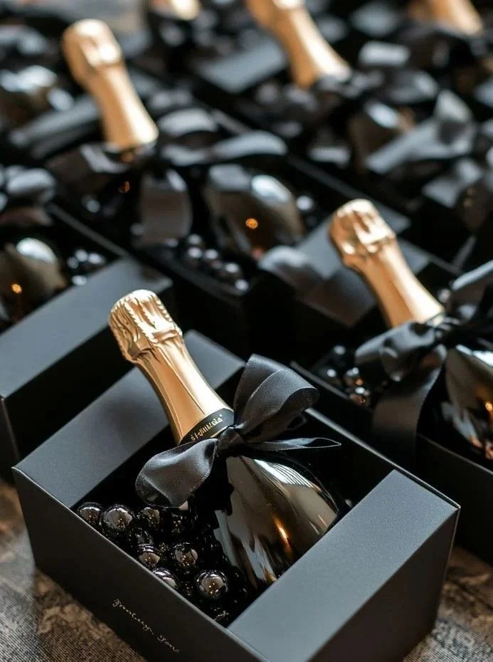 Luxury champagne bottles with gold foil tops in black gift boxes decorated with black ribbons, surrounded by dark decorative beads.