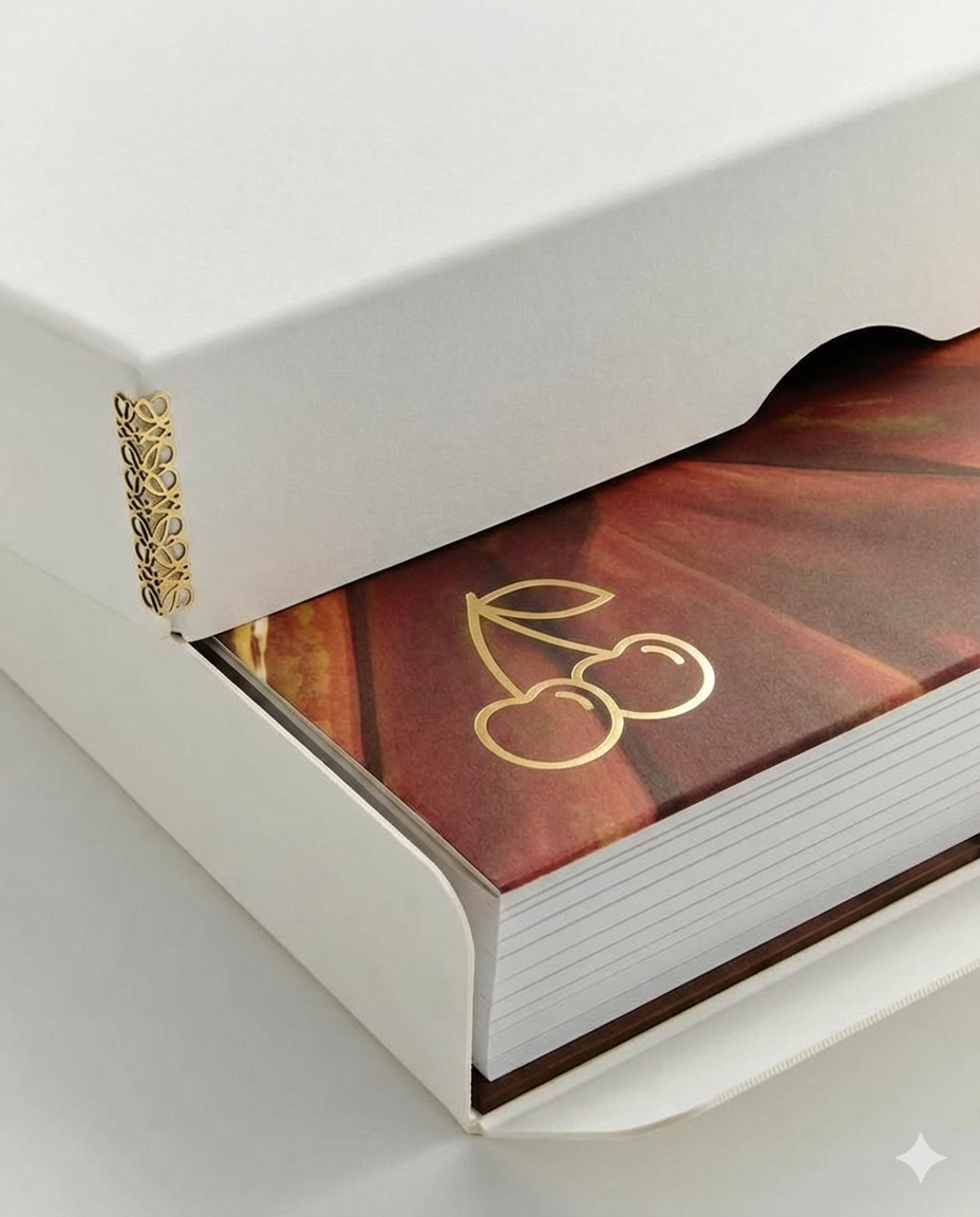 Close-up of a white box with decorative gold cutouts, partially revealing a notebook or booklet with a cherry illustration on the cover.