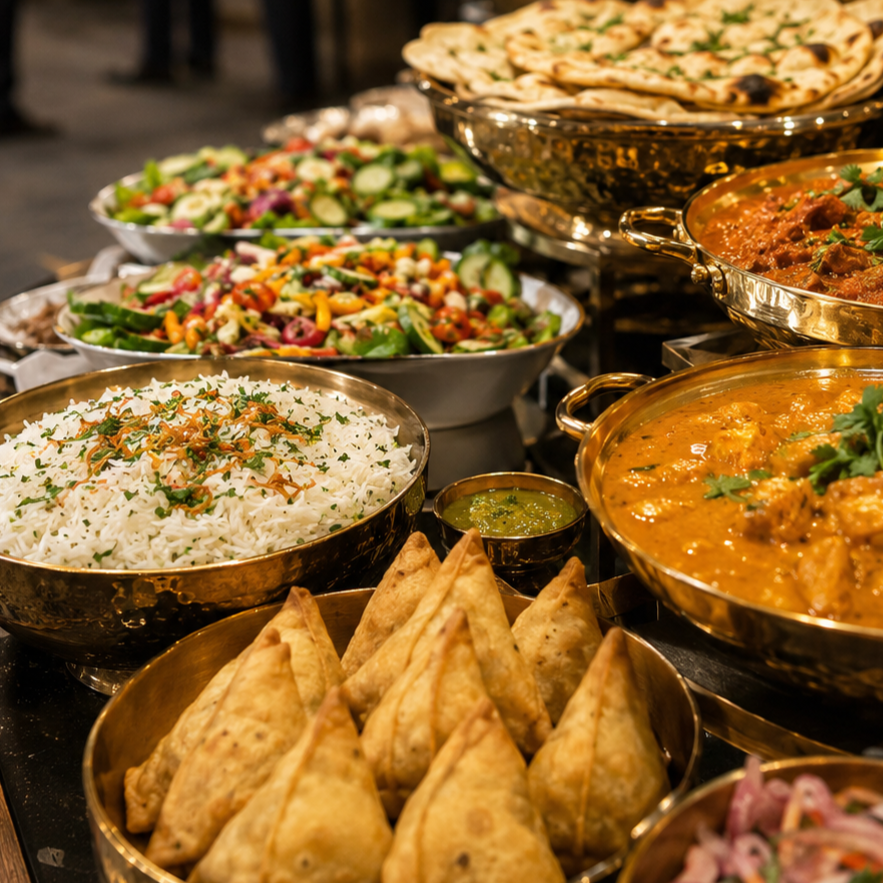 Assorted Indian dishes including samosas, rice, curries, naan, and salads on a buffet table.