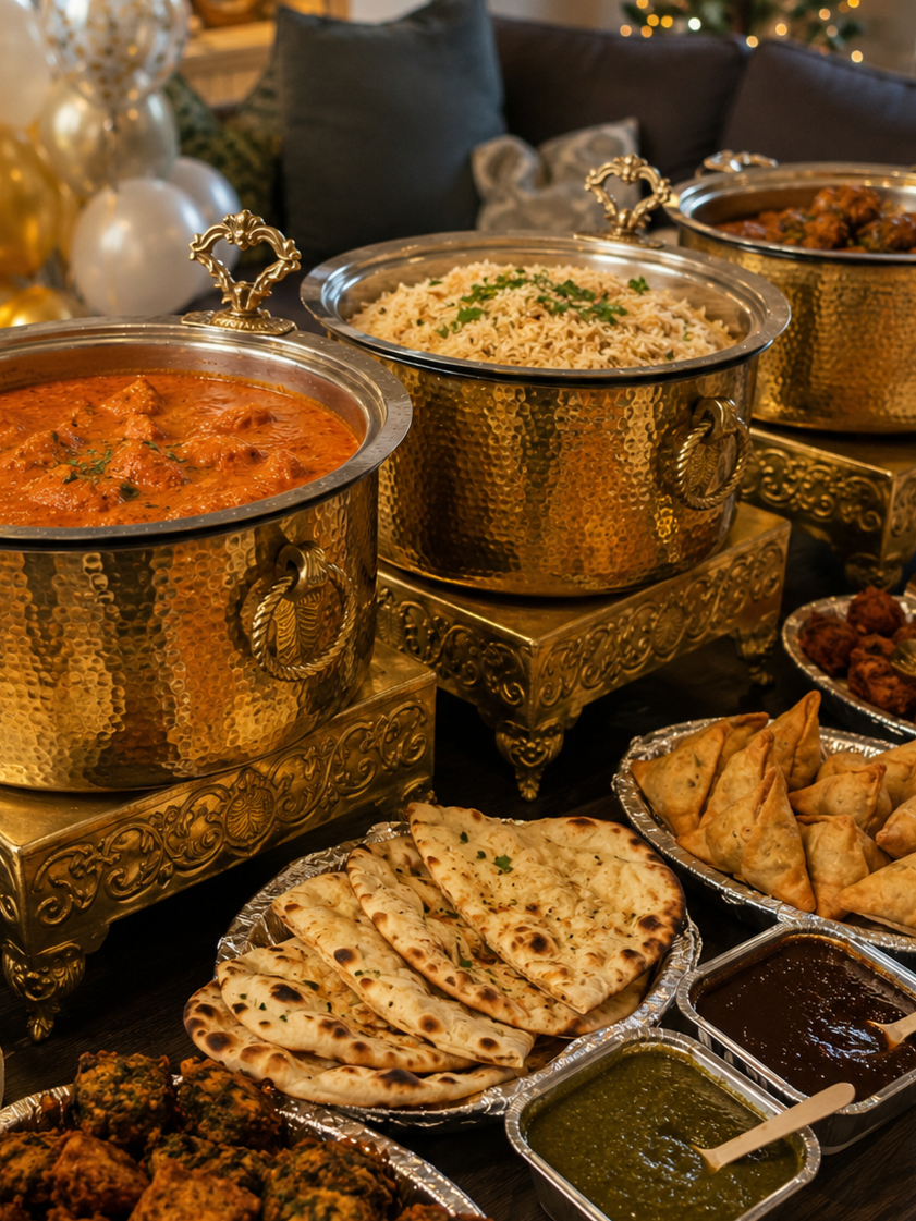 Buffet of Indian dishes including curry, rice, naan bread, samosas, and various chutneys.