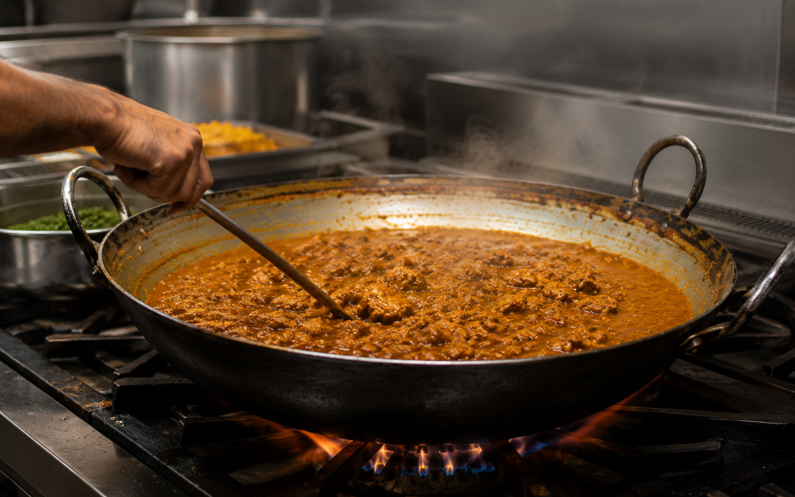 A chef's hand stirring a large pan of simmering meat sauce on a commercial stove with steam rising.