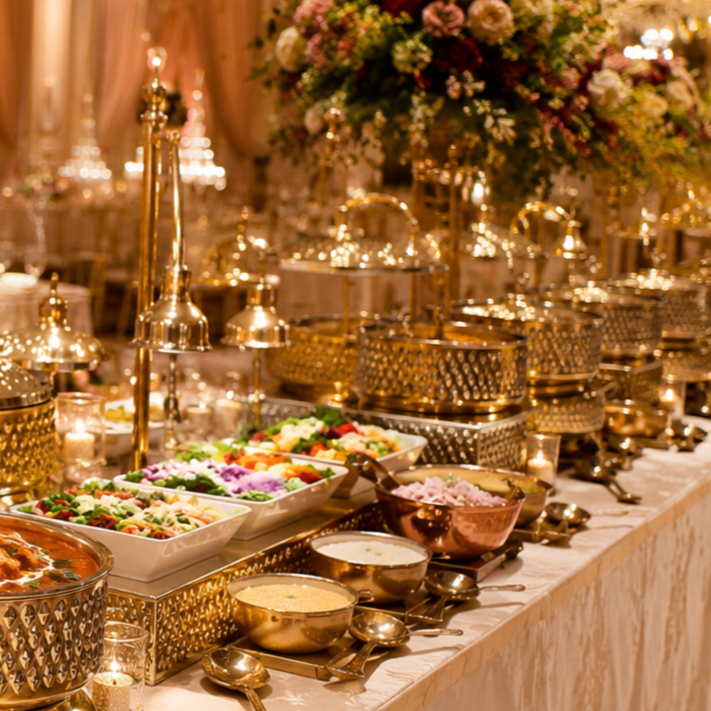A luxurious buffet table with a variety of salads, warm dishes, and desserts, decorated with elegant gold chafing dishes and a large floral arrangement.