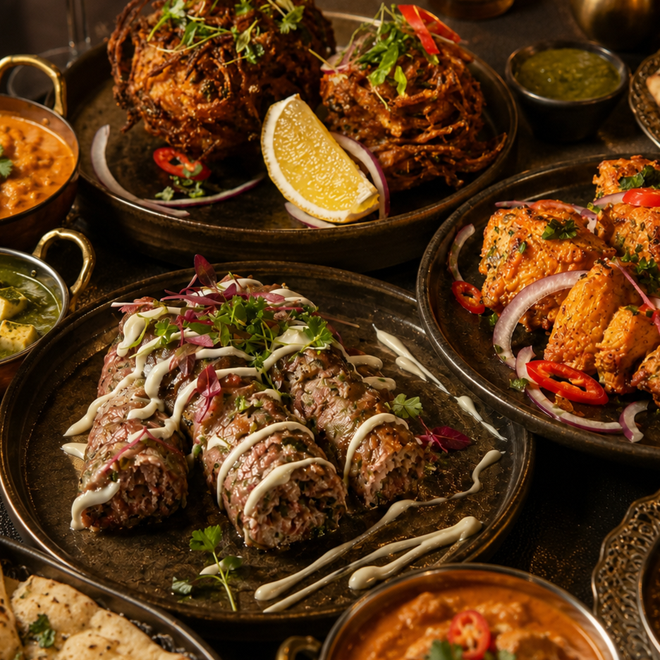 A variety of Indian dishes, including grilled kebabs, onion bhaji and chicken tikka garnished with herbs and sauces, served on black platters.