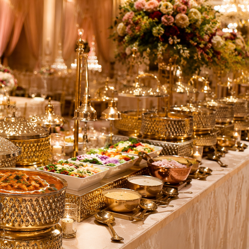 A luxurious buffet table with a variety of salads, warm dishes, and desserts, decorated with elegant gold chafing dishes and a large floral arrangement.