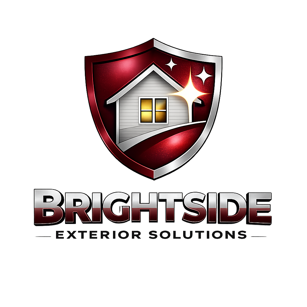 Logo for Brightside Exterior Solutions featuring a shield with a house and window, surrounded by sparkles, with the company name below.