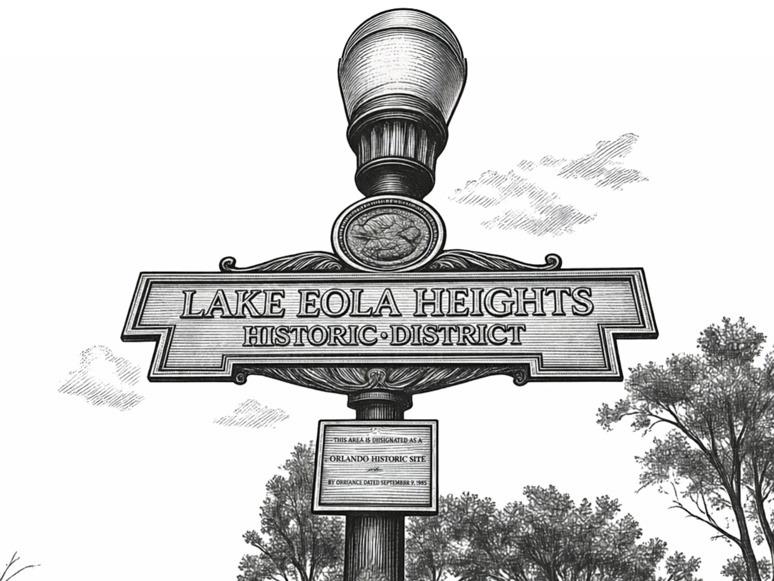 Black and white illustration of a street sign for Lake Eola Heights Historic District, with trees and clouds in the background.