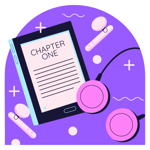 A digital tablet displaying 'CHAPTER ONE' with lines of text, surrounded by pink headphones, white and pink objects, and a purple background with decorative elements.