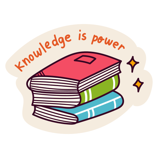 Illustration of a stack of three books with pages and colorful covers, accompanied by the text "knowledge is power" and two small spark icons.