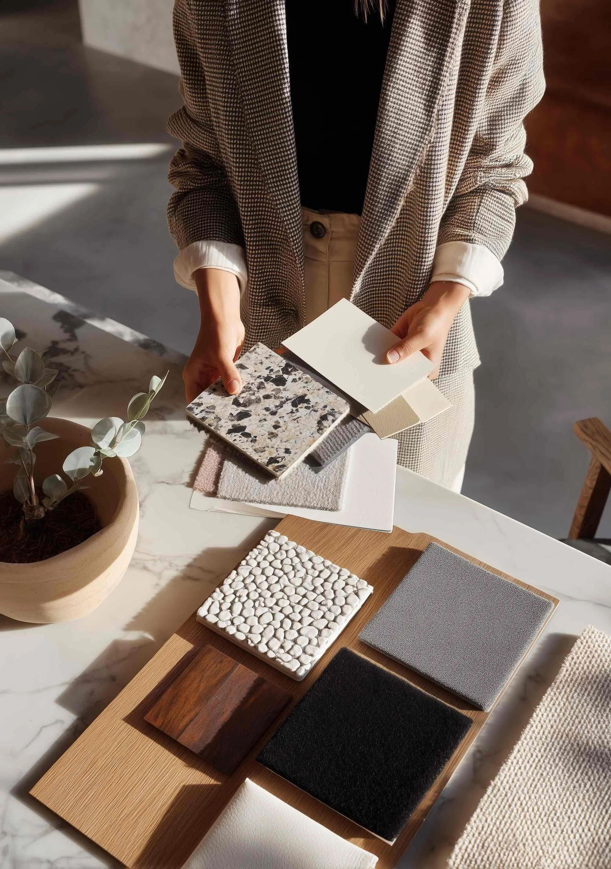A person holding color samples and fabric swatches on a table beside a potted plant, with sunlight casting shadows across the scene.