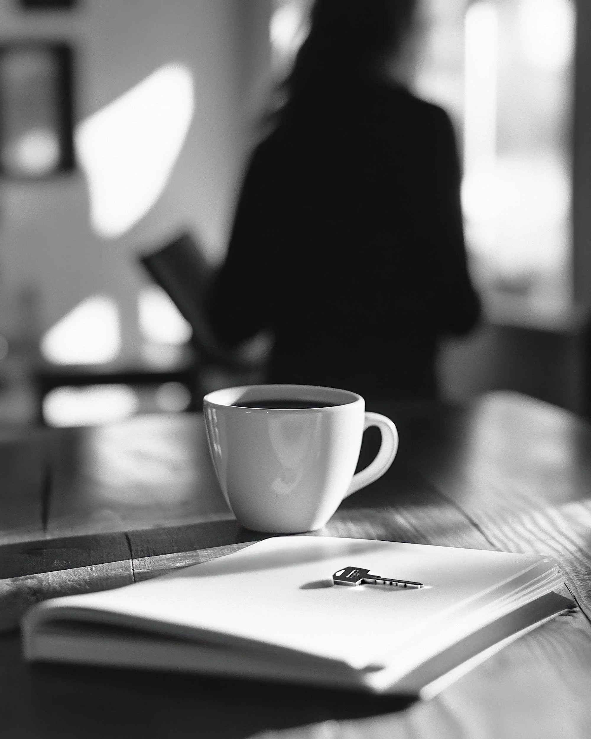 A white coffee mug on a desk with a set of keys nearby, and a blurred background showing a person holding a tablet.