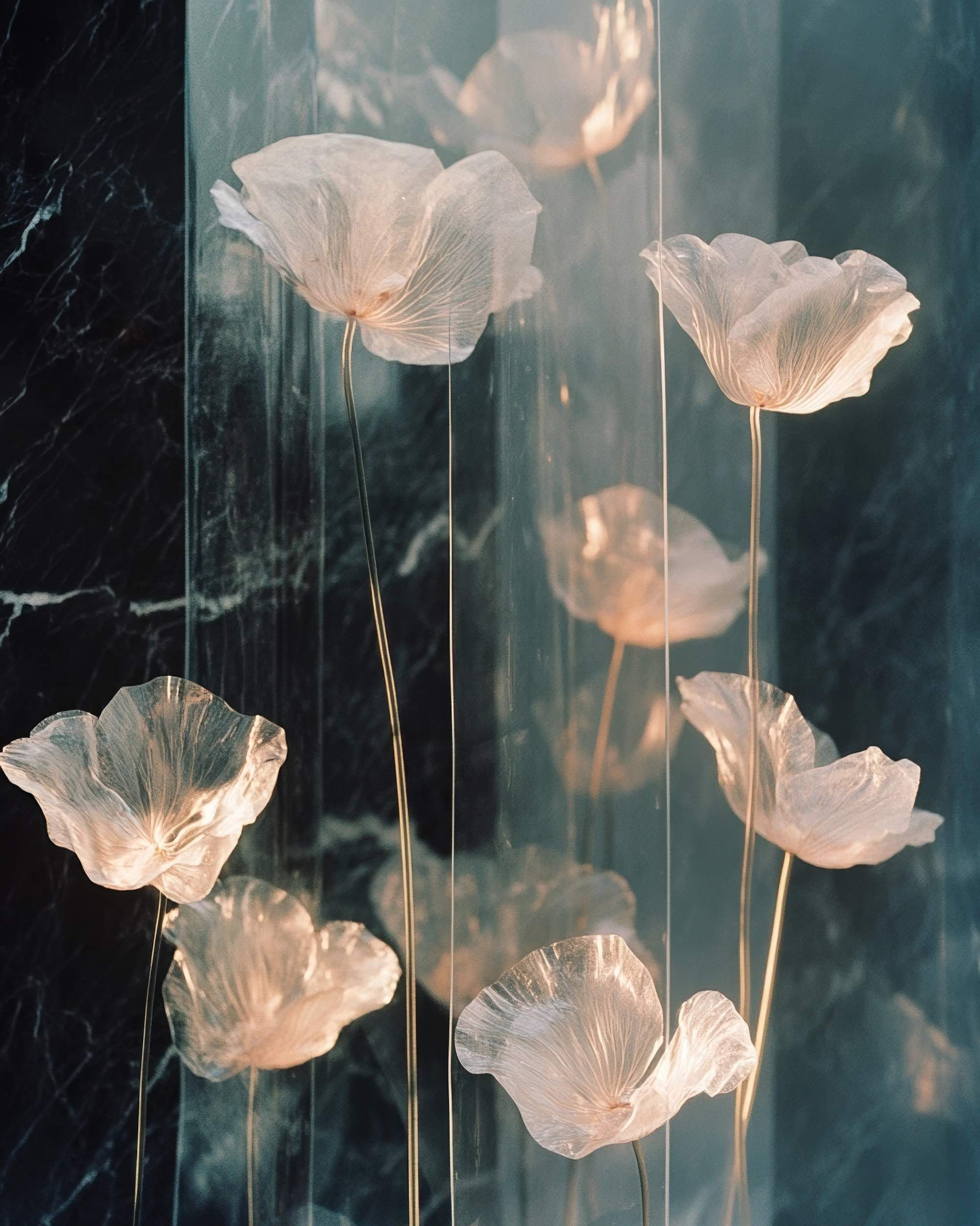 Close-up of illuminated delicate, translucent flowers with thin, curved stems against a dark background.