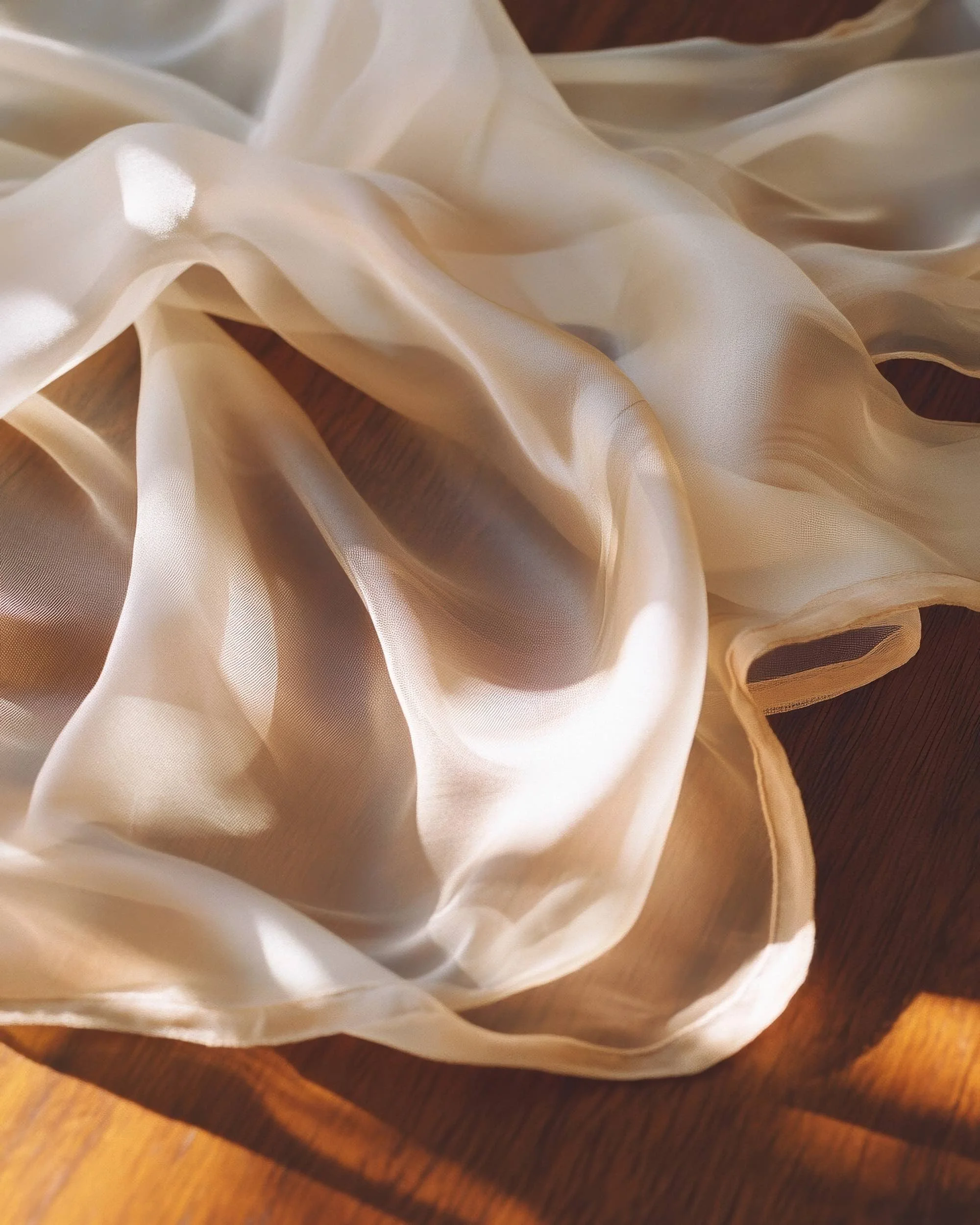 Close-up of cream-colored satin fabric with soft folds lying on a wooden surface.