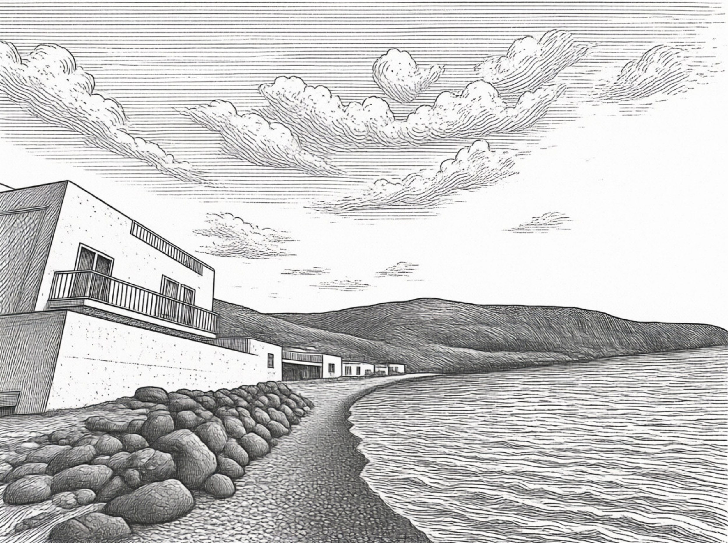 A black and white sketch of a building near the coast with rocky shoreline and mountains in the background, under a sky with layered clouds.