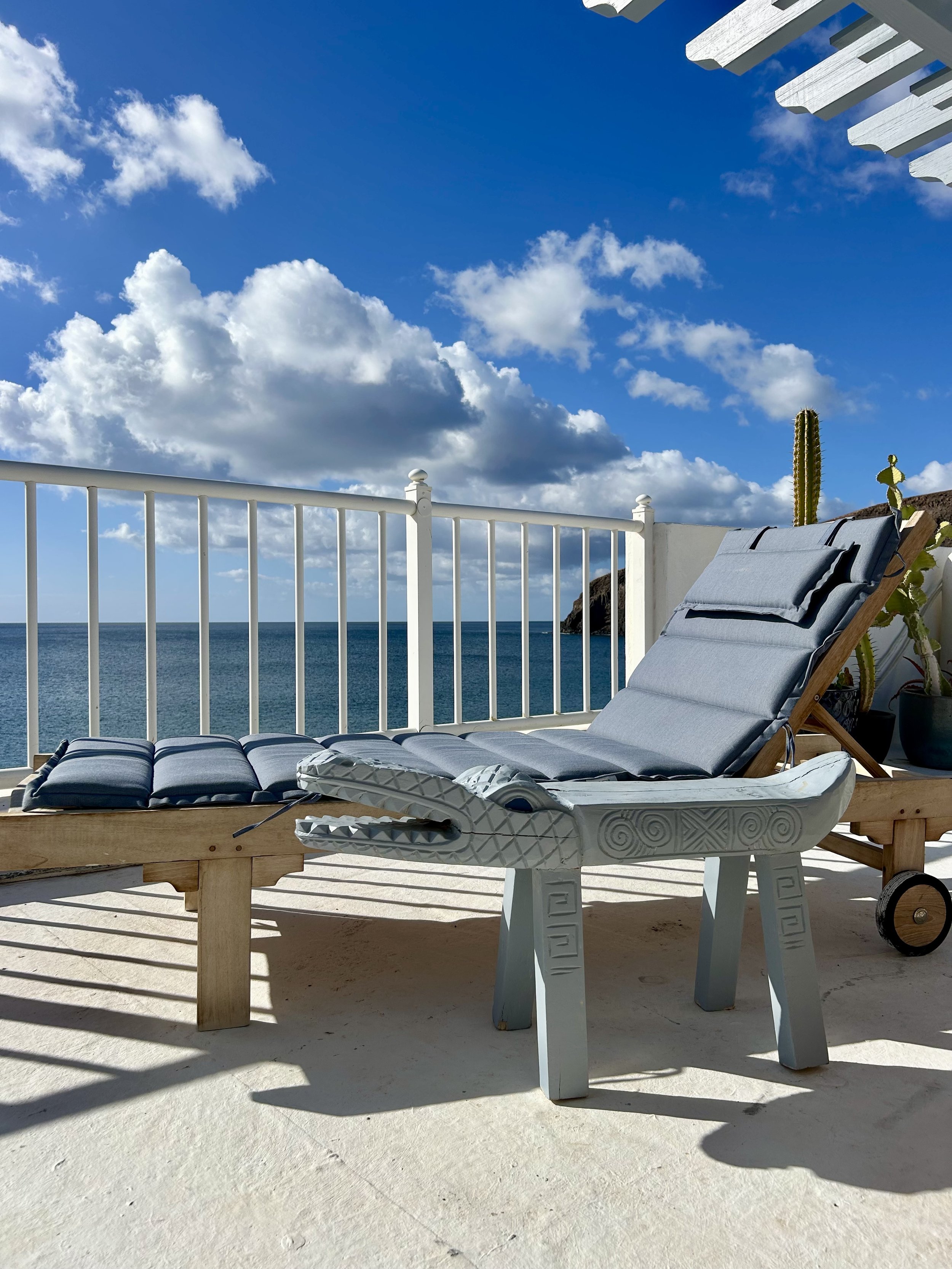 Outdoor terrace with lounge chairs, a white metal fence, a cactus, and a view of the ocean under a blue sky with scattered clouds.