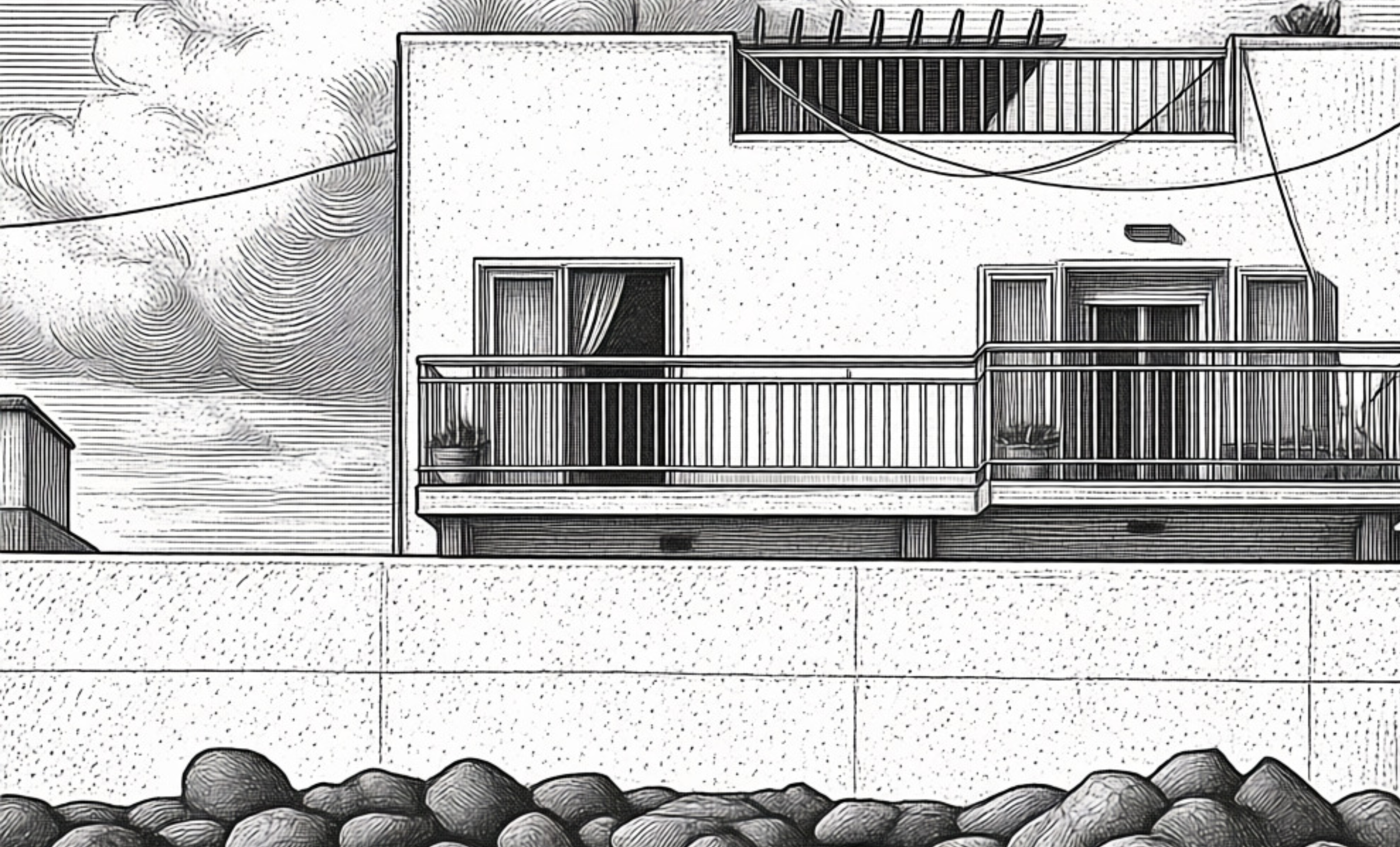 Black and white illustration of a modern, multi-story building with balcony, sliding glass doors, and potted plants, with a cloudy sky and rocks in the foreground.