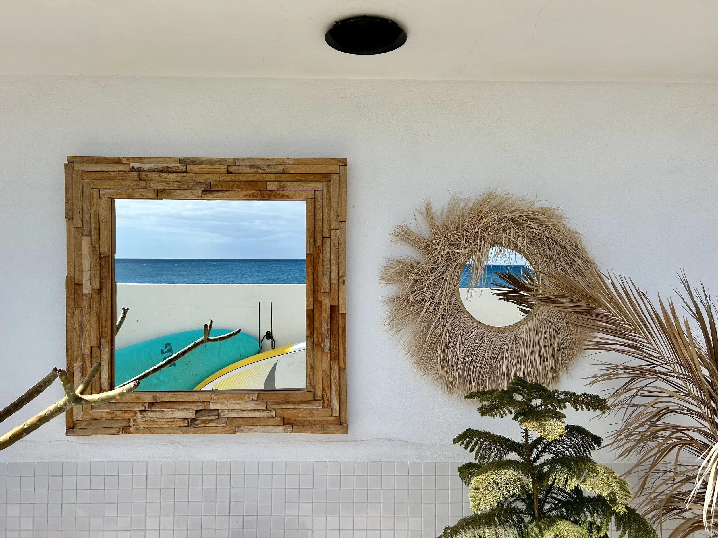 A room with a white wall and a rectangular mirror framed with stacked wooden planks. The mirror shows a view of the ocean and sky. To the right of the mirror, a large circular object made of dried grass or straw is mounted on the wall, and below it, a green leafy plant is visible. The top part of the image shows a ceiling with a black circular fixture and faint cracks.