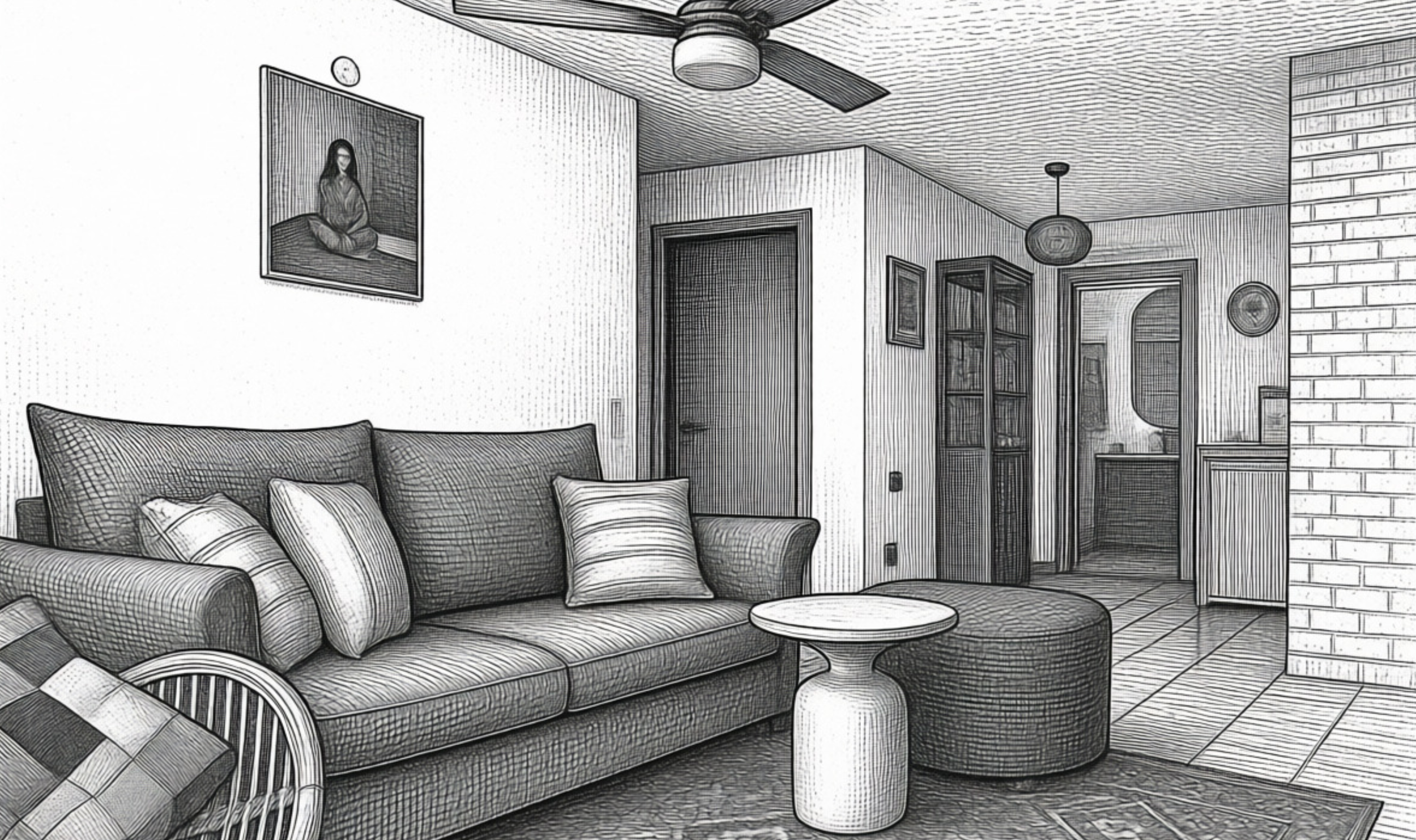 Living room scene with a striped sofa and multiple cushions, a round coffee table, a ceiling fan, and framed artwork on the wall. The room features a brick accent wall and a closet or cabinet with glass doors.