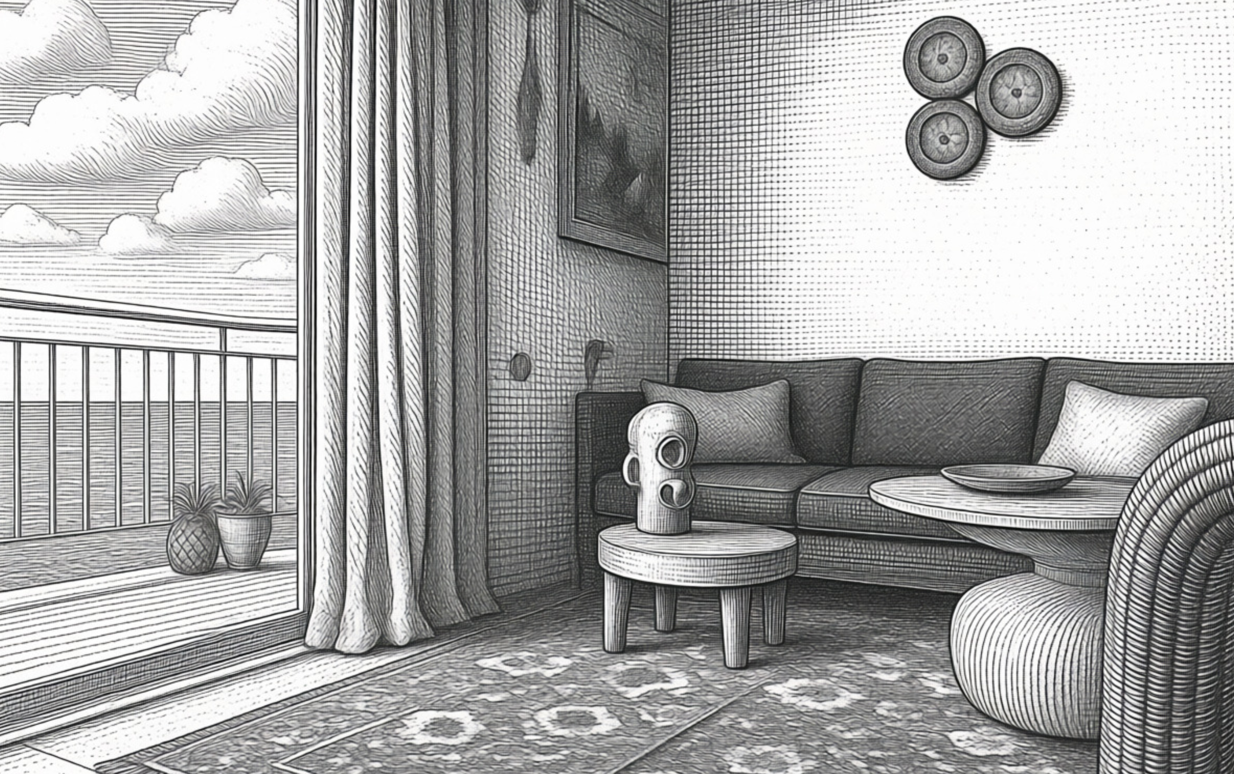 This is a black and white sketch of a living room area with a sofa, small round table, and decorative items including a skull-shaped object. There is a large window or sliding door with curtains, and a balcony with potted plants outside. The room has textured walls, framed artwork, and a patterned rug.