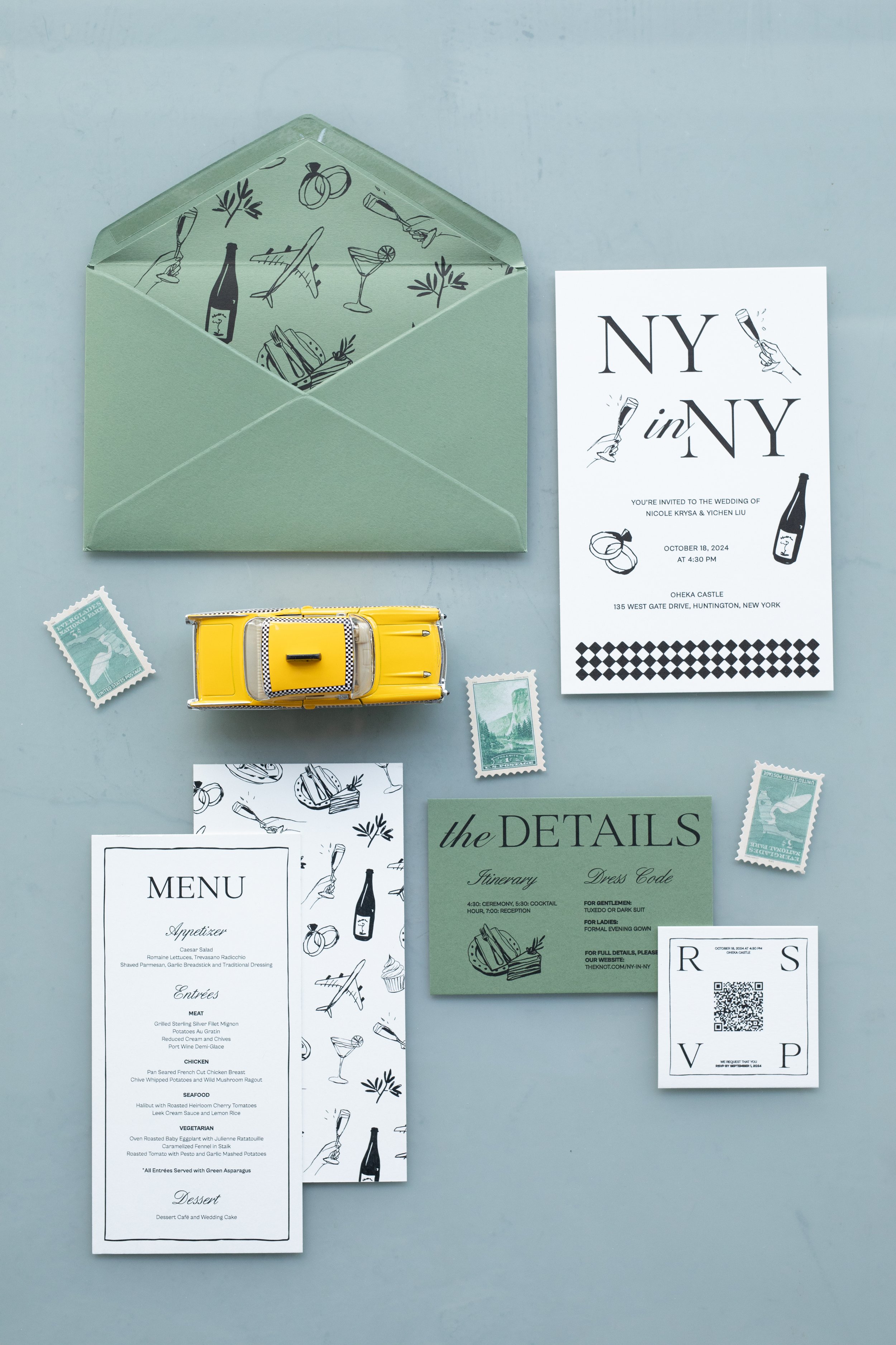 Invitation suite with coordinating menu. Black and white illustrations of champagne bottles, martini glasses and airplanes to for a New York destination wedding for (N)icole and (Y)chin = NY in NY!
