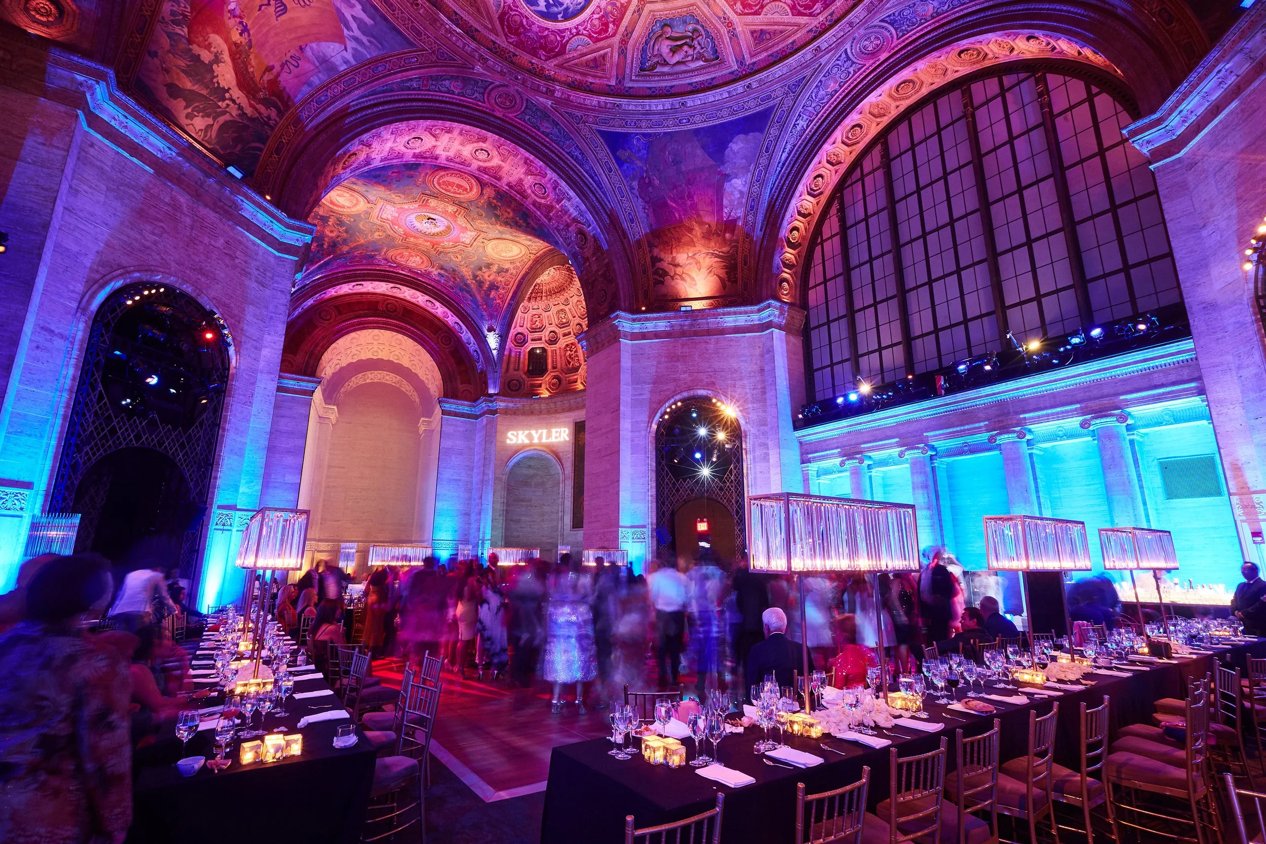 Bar Mitzvah reception and dance floor at Cipriani Wall Street in New York City — a vibrant, high-energy moment as guests fill the room beneath dramatic lighting and soaring architecture, bringing the celebration to life.