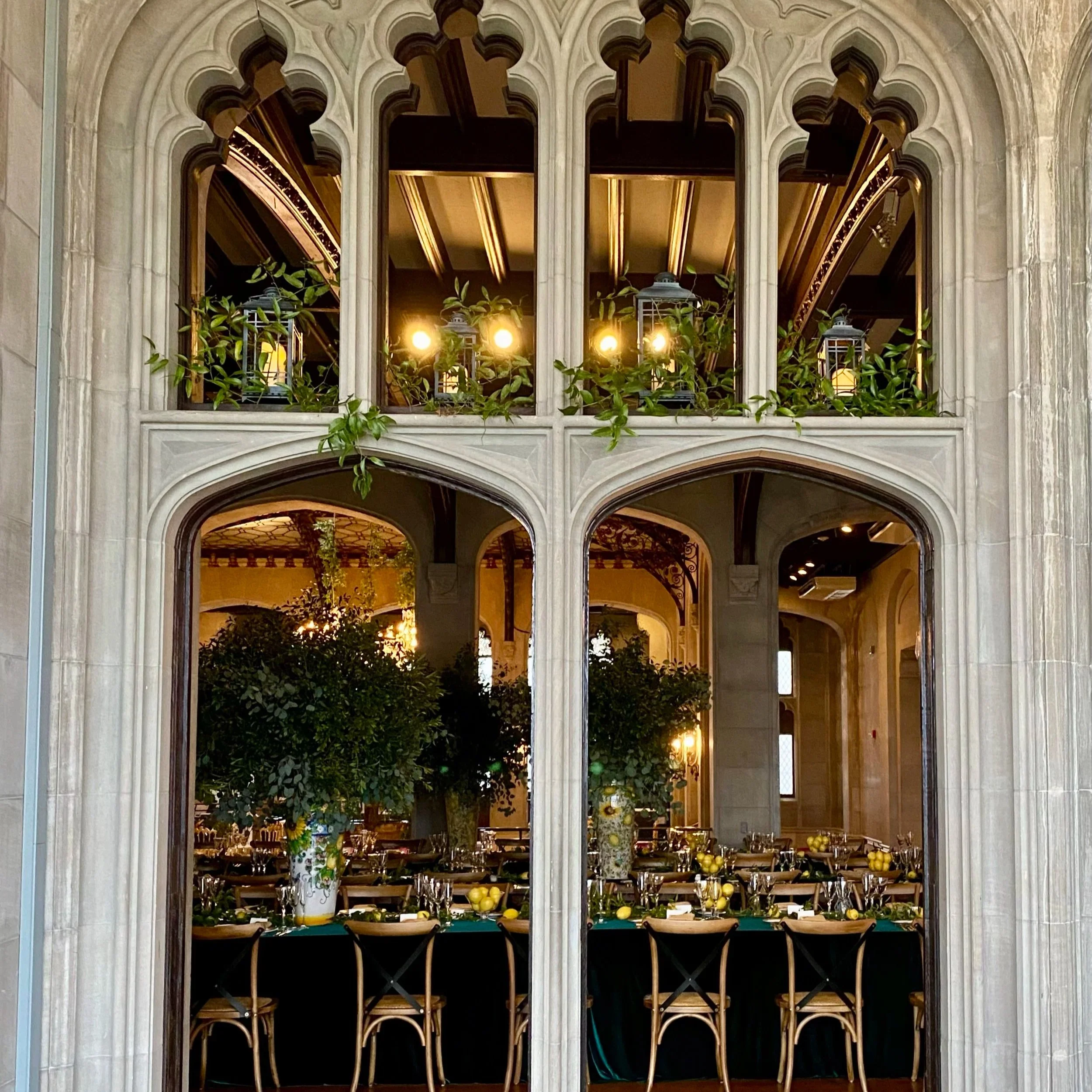 View of the tablescape for Pasquale’s 80th birthday celebration at the Hempstead House, Sands Point, NY