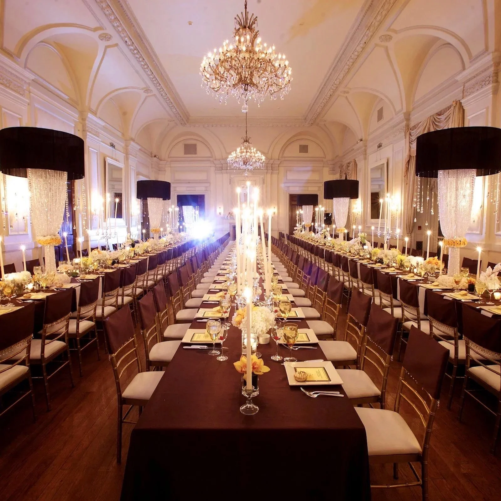Three elaborate tablescapes in the Grand Ballroom at Oheka Castle for Emma’s Bat Mitzvah