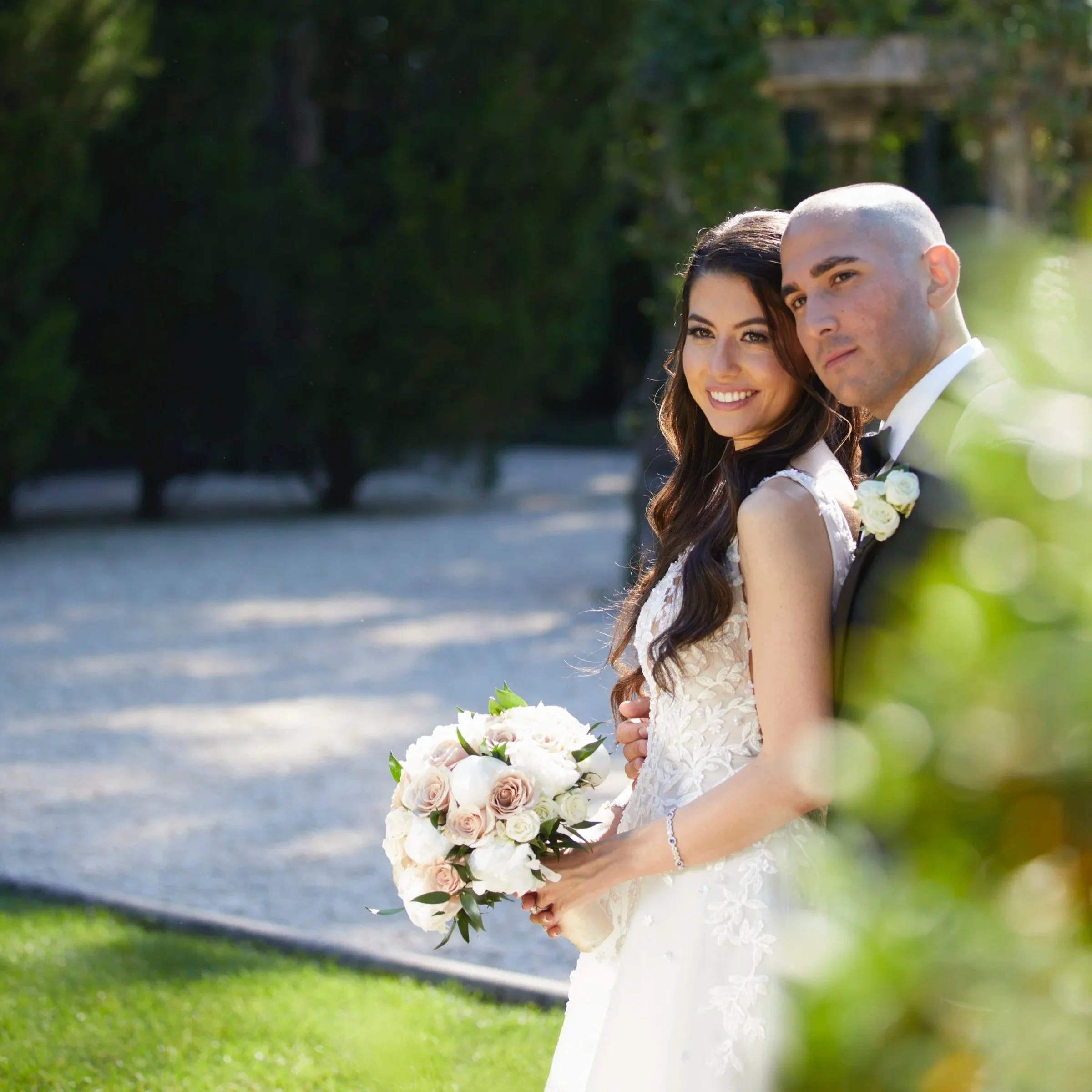Bride and Groom portrait in the water gardens of Oheka Castle 