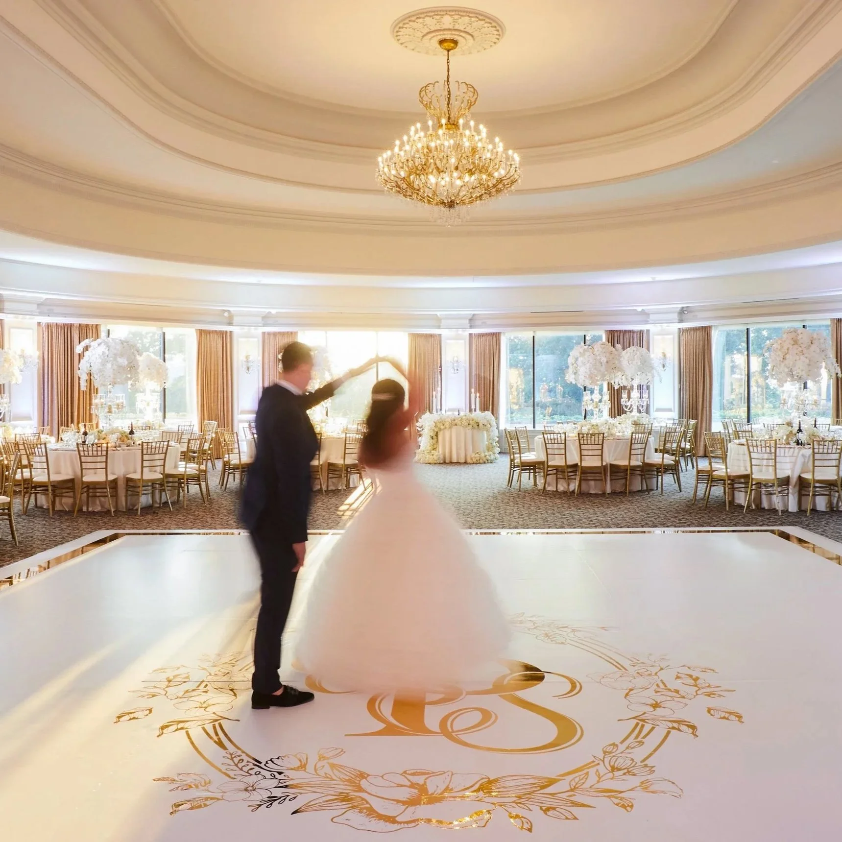 Bride and Groom practice their first dance on the Ballroom Dance floor, Oheka Castle