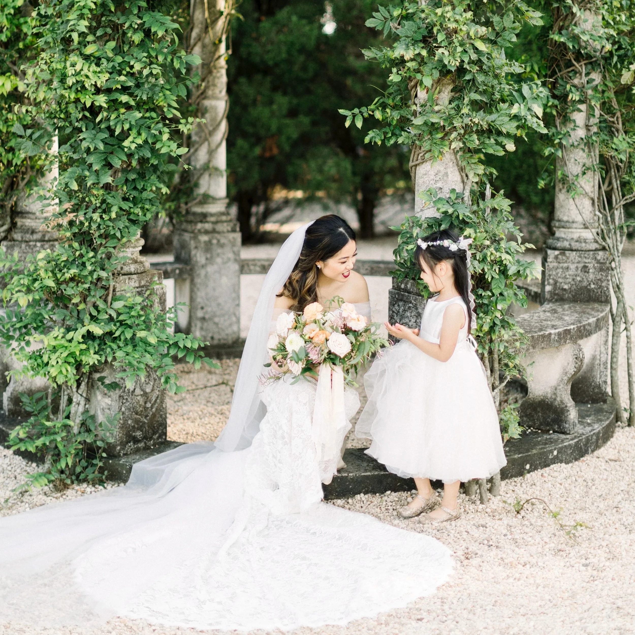 Bride and Her Flower girl, Oheka Castle, Original Stone Gazebo
