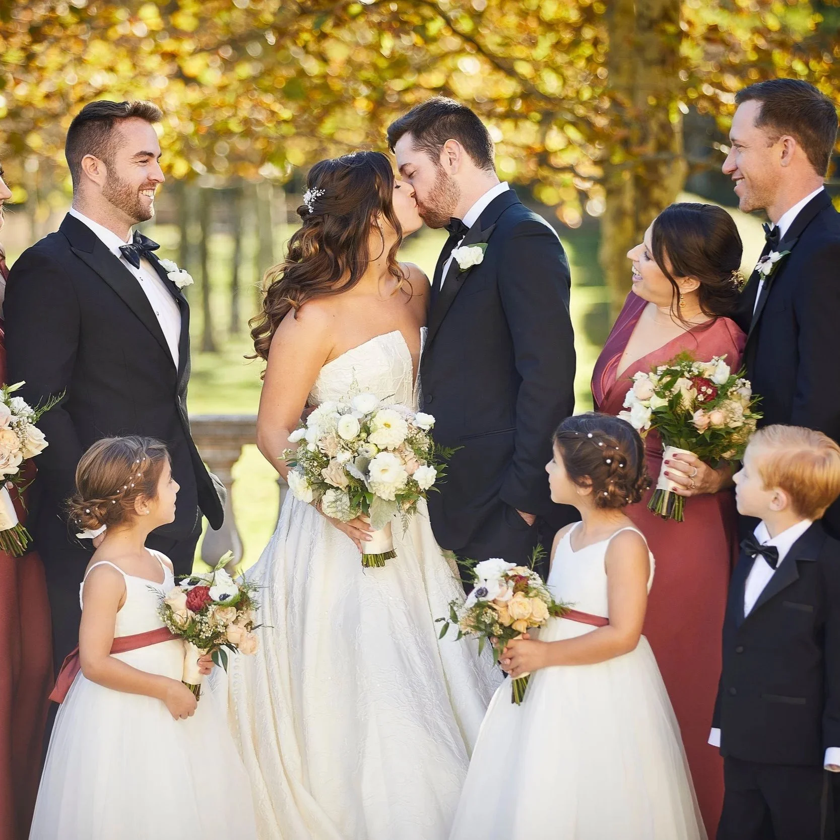 Bride and Groom and Bridal Party Portrait, Oheka Castle - Fall Wedding
