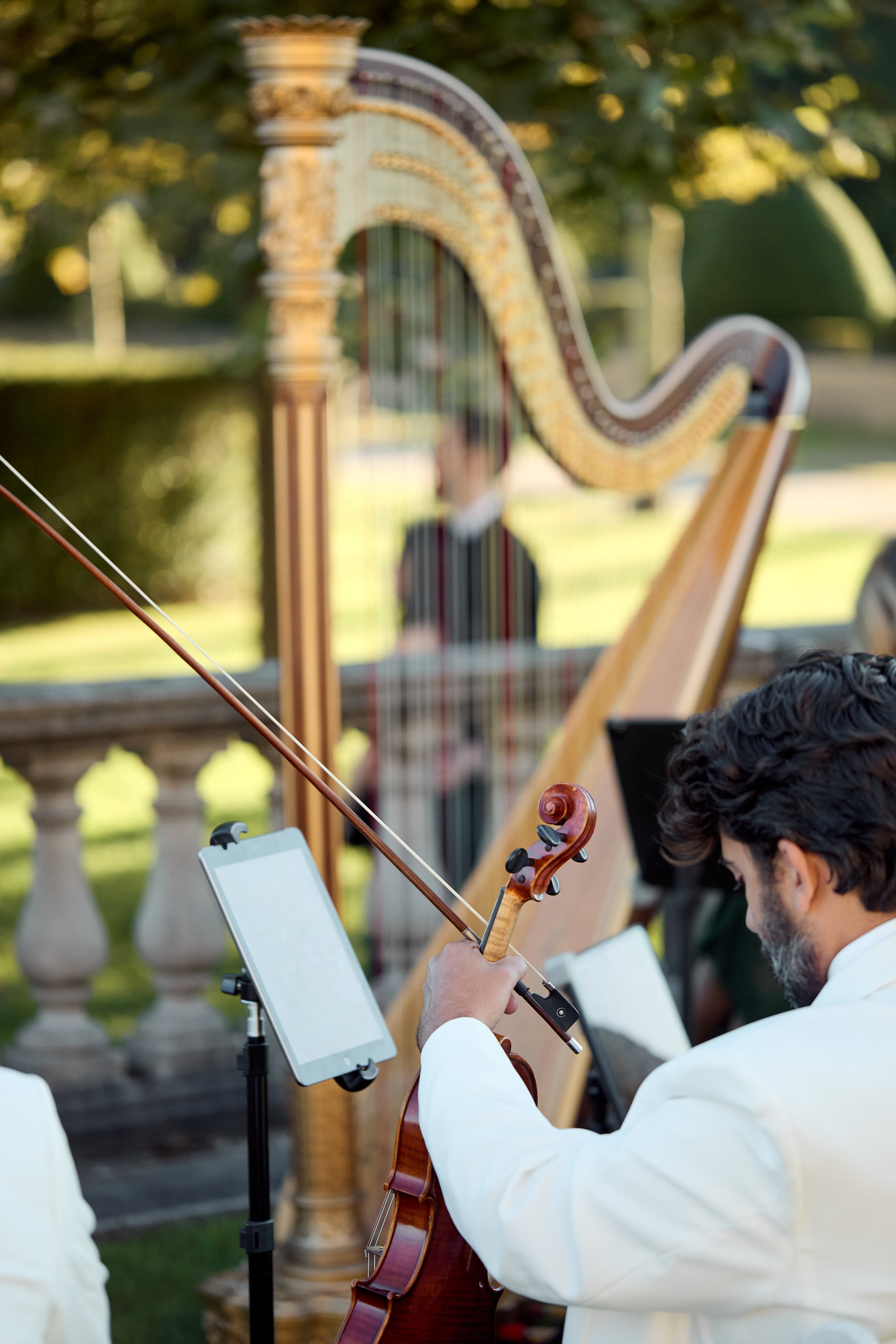 The ceremony was accompanied by a harpist and string quartet, whose music set a soft, romantic tone as guests arrived and the moment unfolded. Their performance added a sense of intimacy and elegance, perfectly complementing the garden setting.