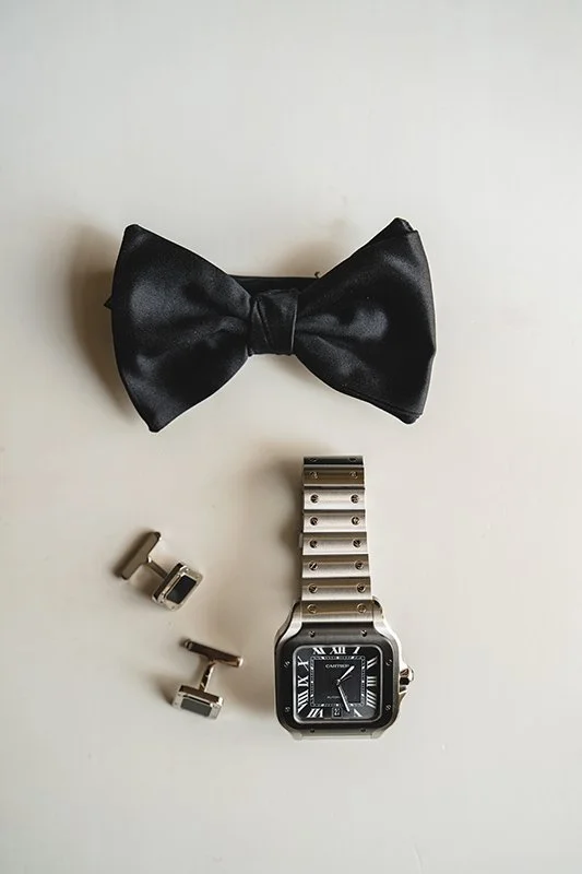 Grooms bowtie, cufflinks, Cartier Watch