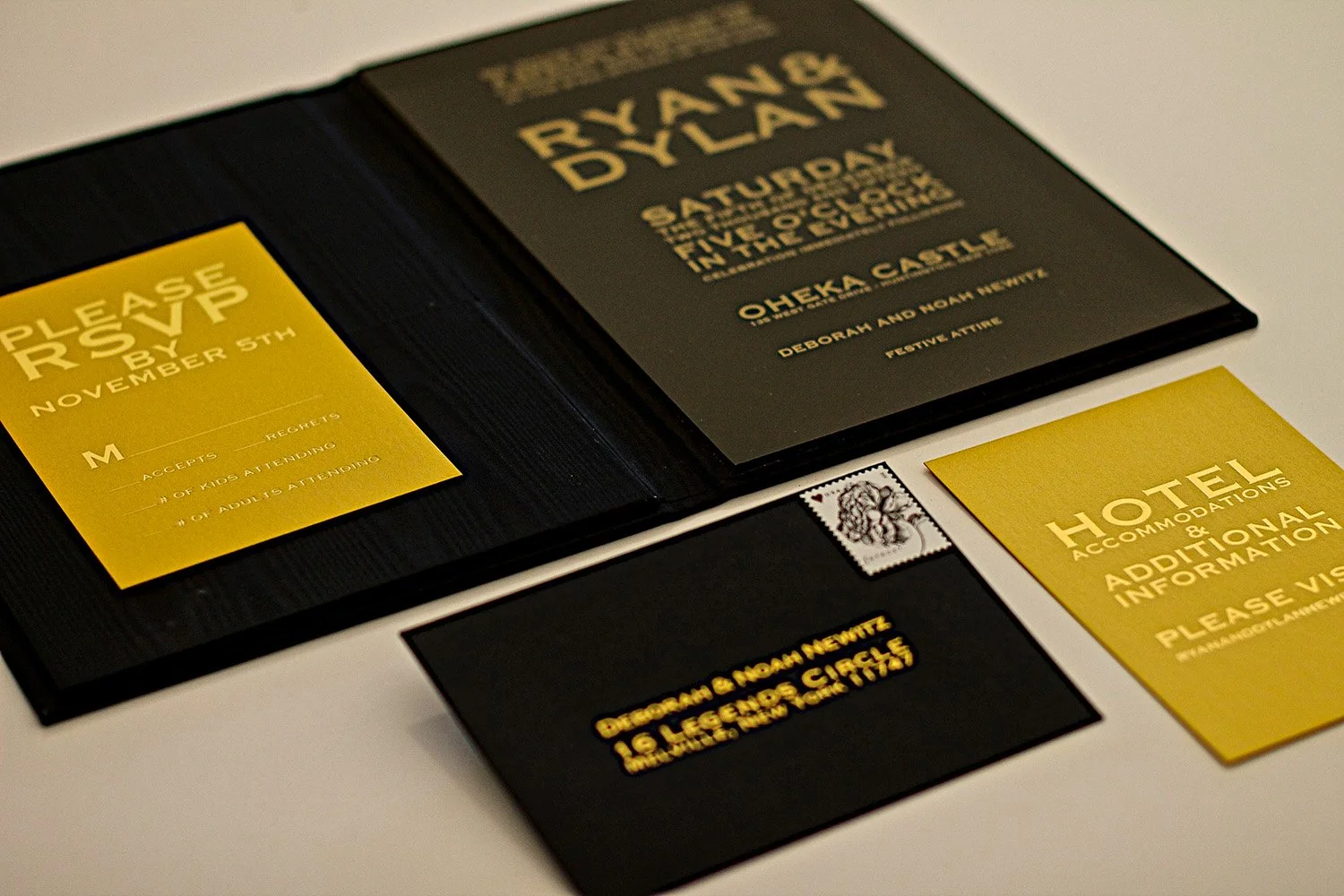 Black and Gold modern acrylic B’nai mitzvah invitation suite.