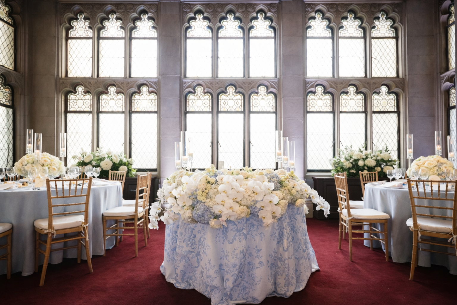 Bride and groom sweetheart table with blue patterned linen and white orchids at Hempstead House reception