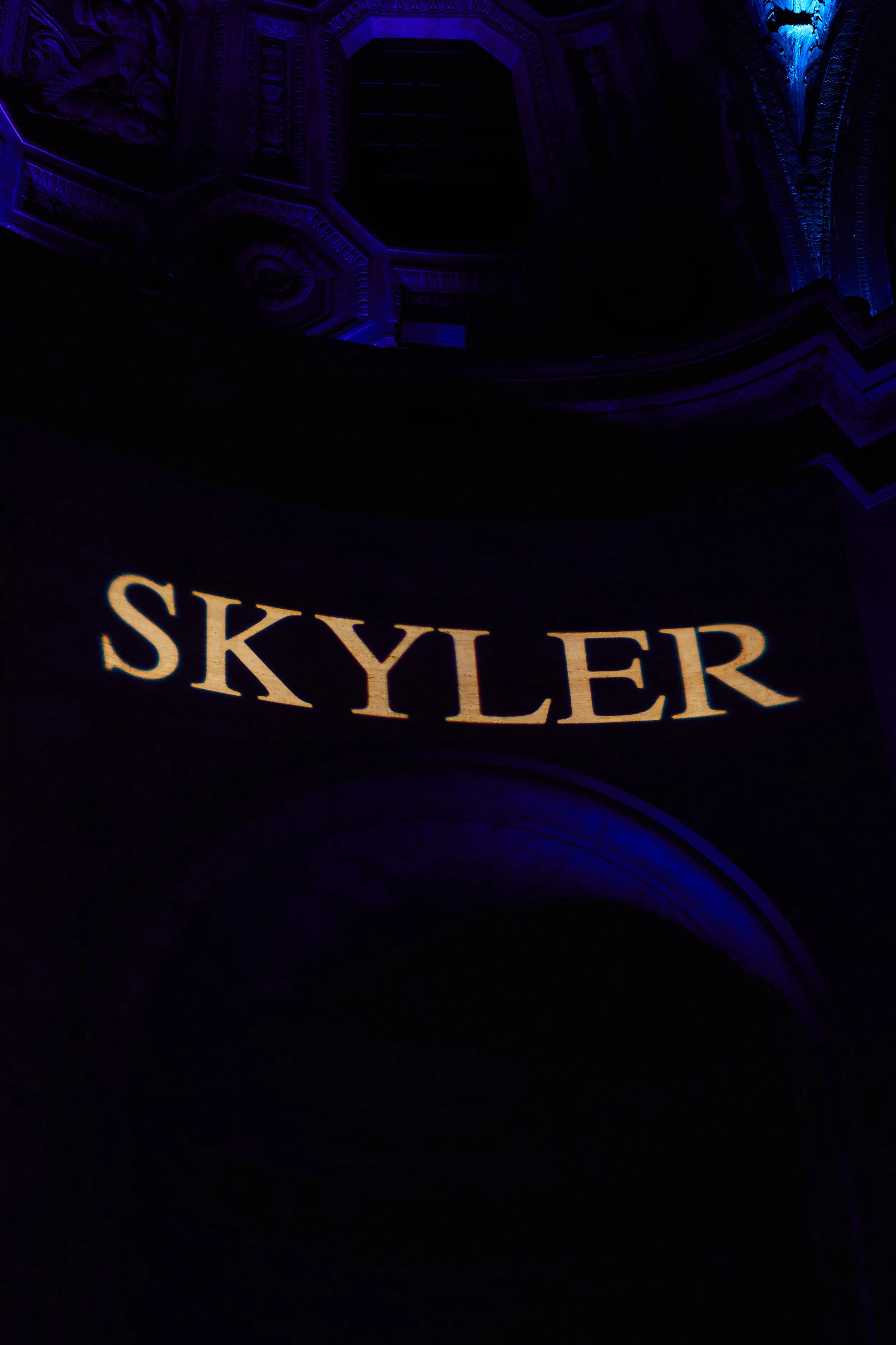 Custom monogram lighting featuring Skyler’s name at a Bar Mitzvah at Cipriani Wall Street in New York City — a bold, personalized detail projected onto the architecture, adding depth, scale, and a refined sense of identity to the space.