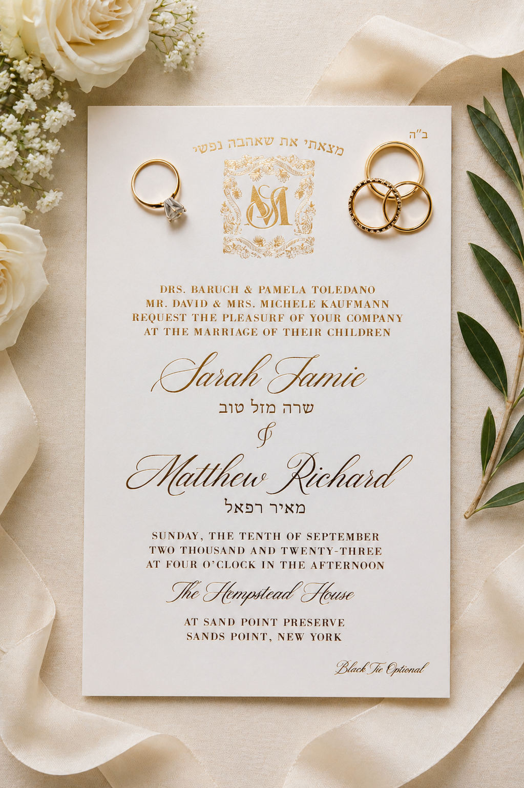 Wedding invitation card with gold and brown text, surrounded by white flowers and green leaves, featuring three rings placed on top.