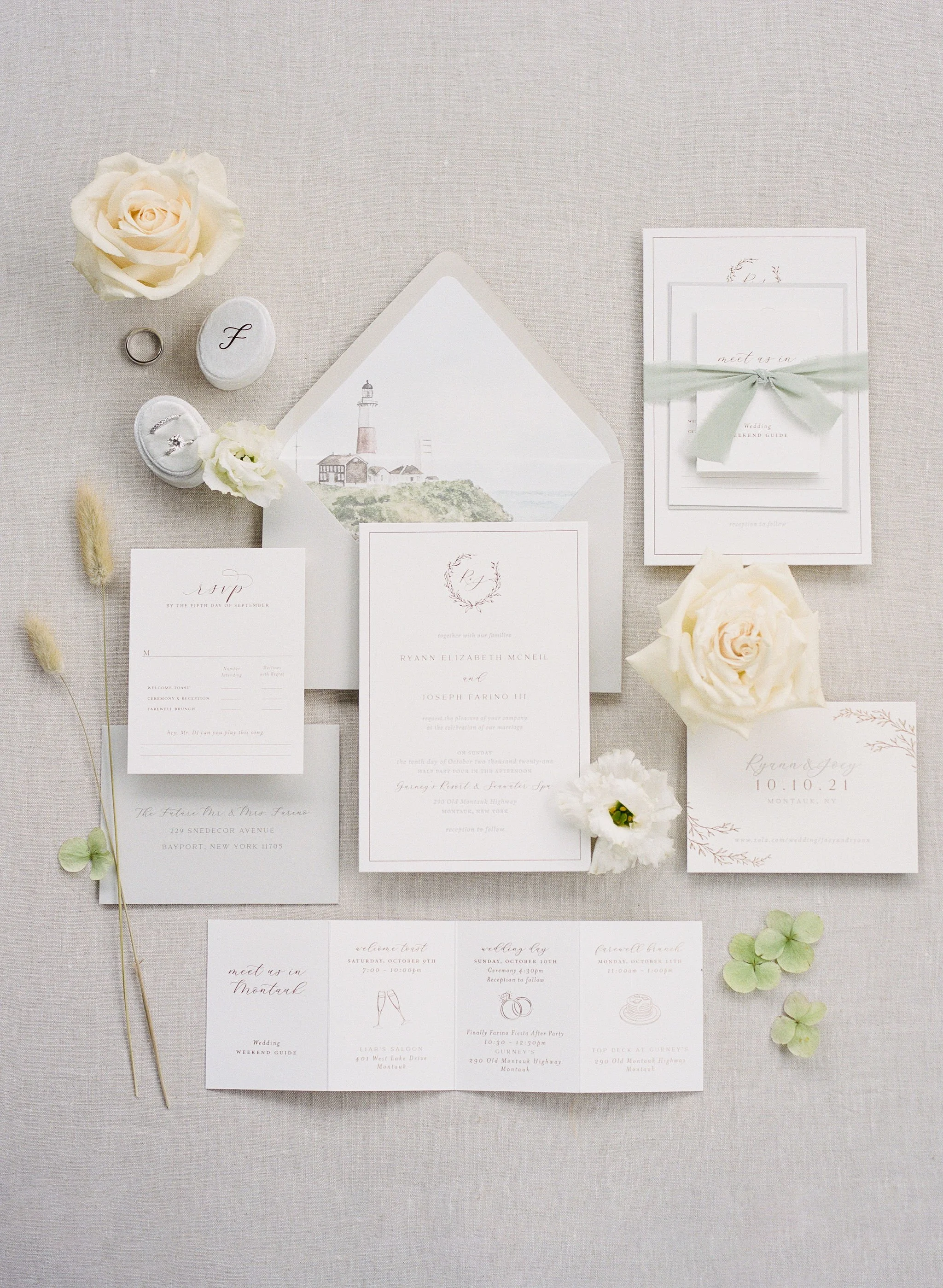 The invitation suite set the tone with soft, layered neutrals and delicate detailing—featuring fine paper, subtle typography, and a custom illustration that quietly echoed the coastal setting.