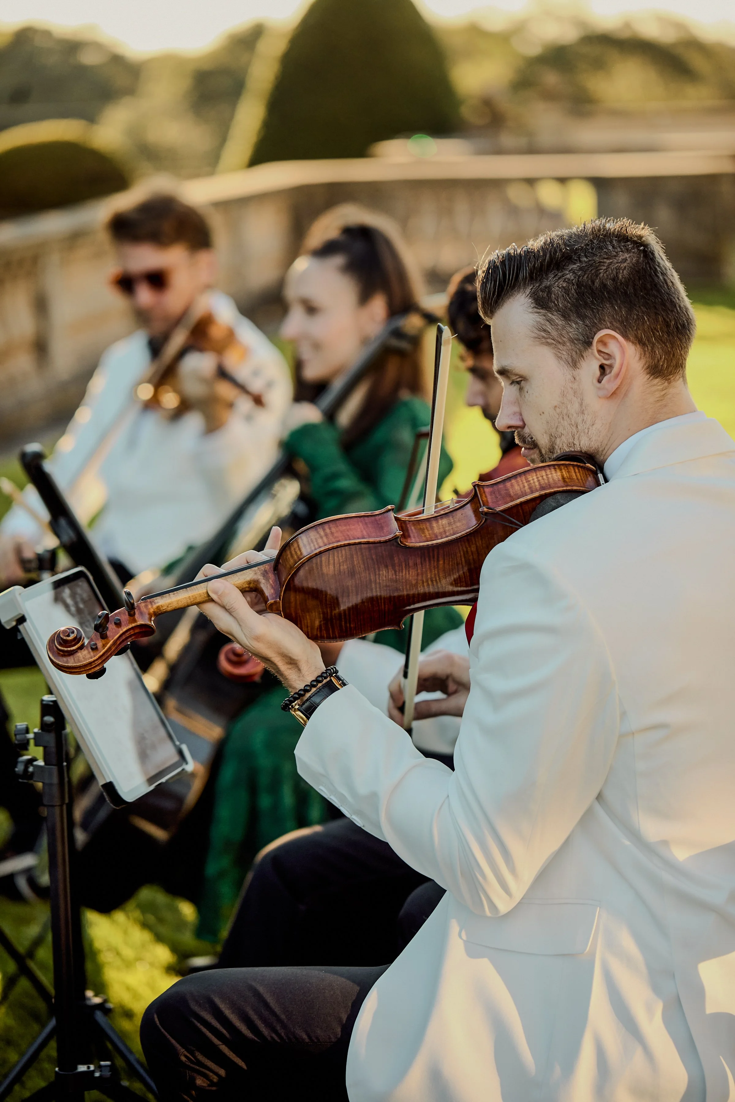 A group of four musicians, dressed in formal attire, playing string instruments outdoors during sunset. The man in the foreground plays a violin, closely focused on his music sheet, while the other three musicians, including a woman with a viola and 
