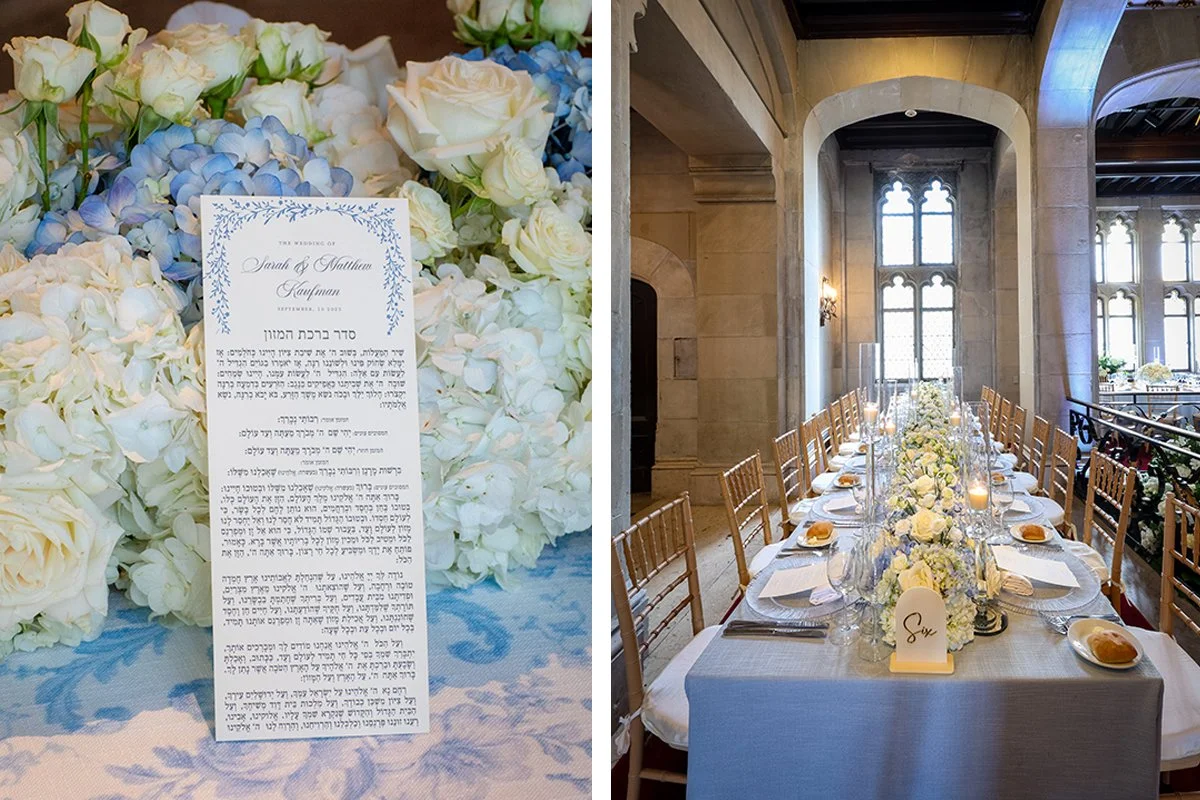 Wedding reception table with Birkat Hamazon cards and blue linen tablescape at Hempstead House