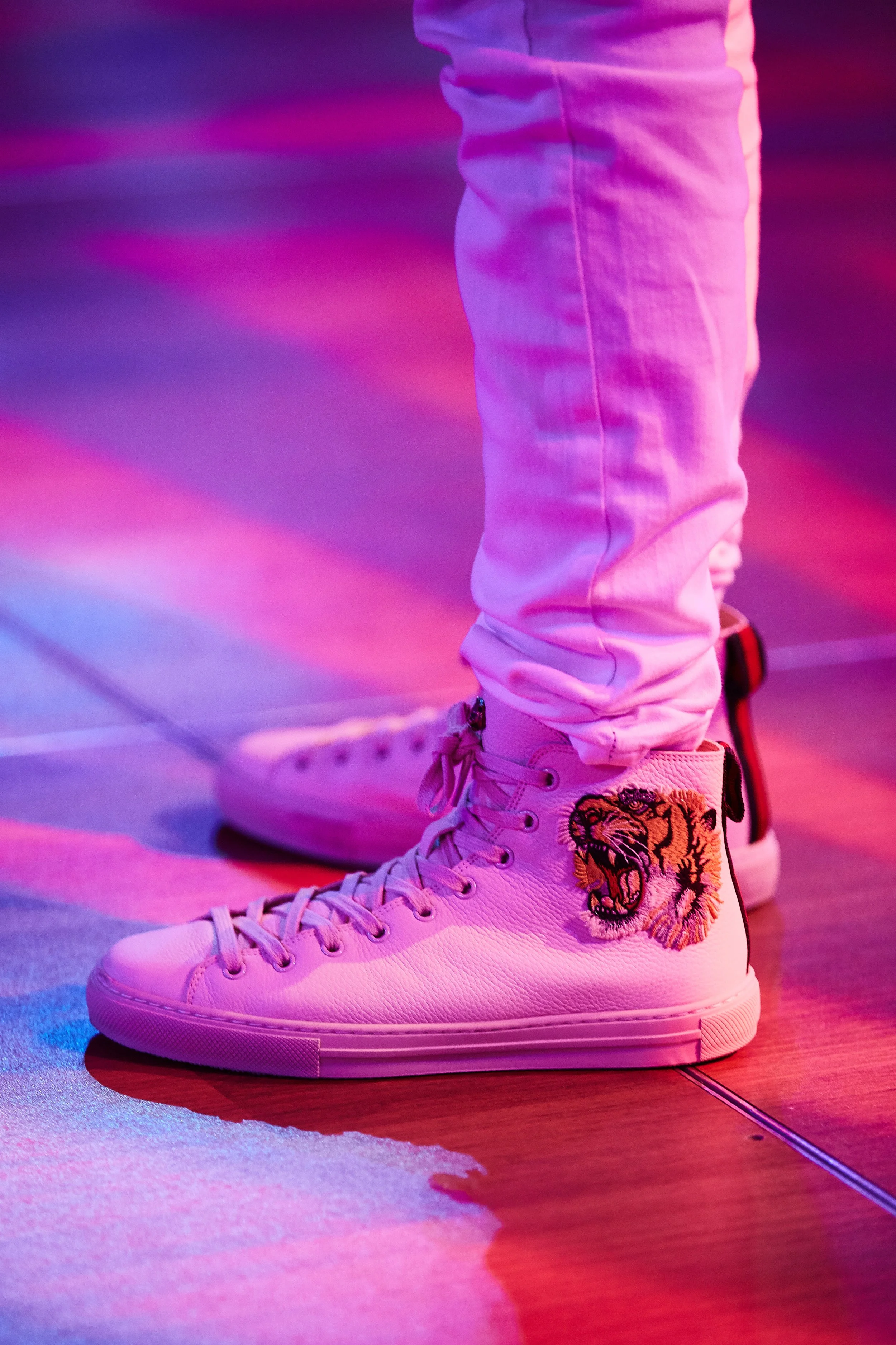 Gucci sneakers worn by Skyler at his Bar Mitzvah at Cipriani Wall Street in New York City — a sharp, fashion-forward detail highlighted under vibrant lighting, blending personal style with the energy of the celebration.