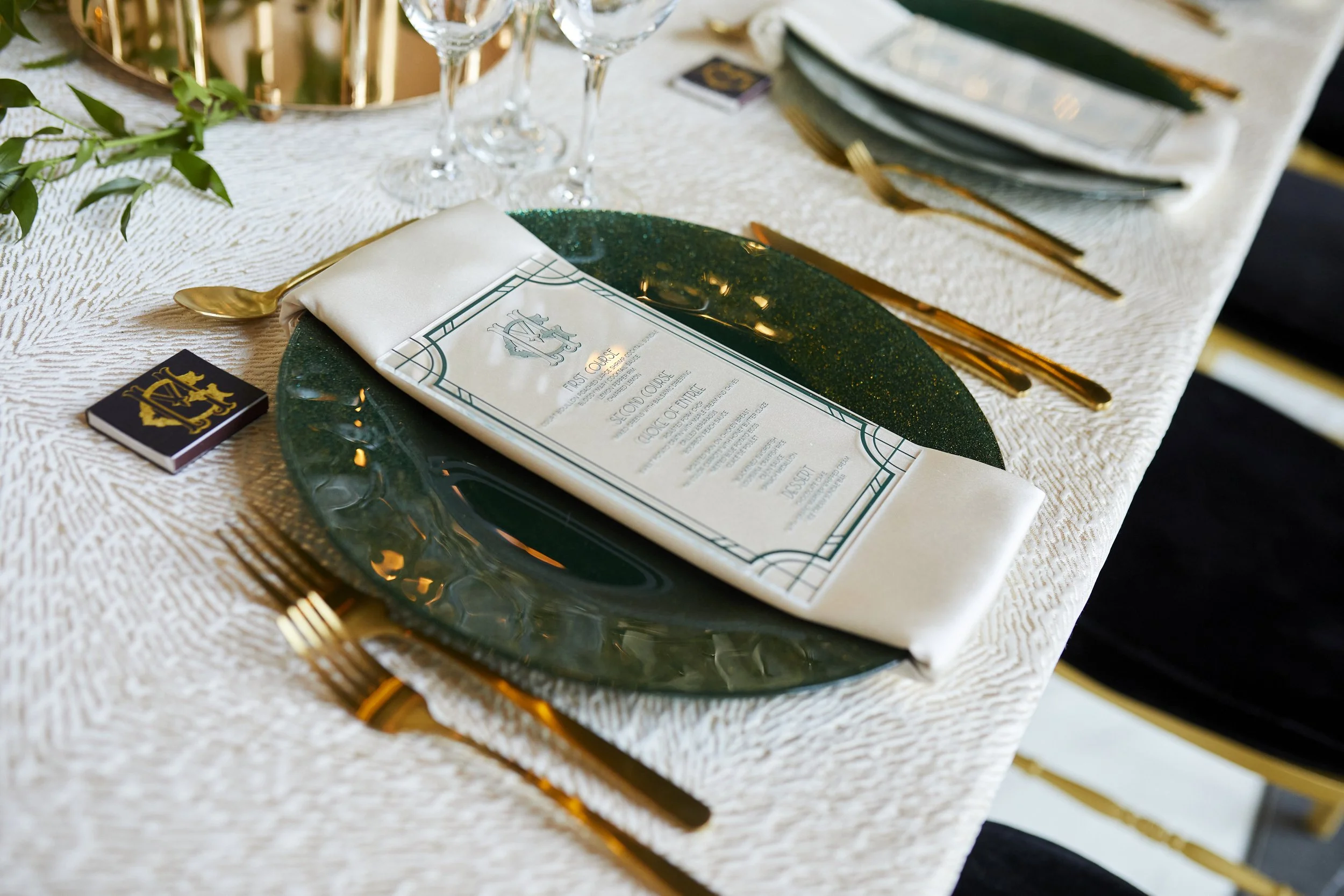 Emerald Charger, Silk Napkin, Acrylic Menu, and Gold Flatware, Place-setting.