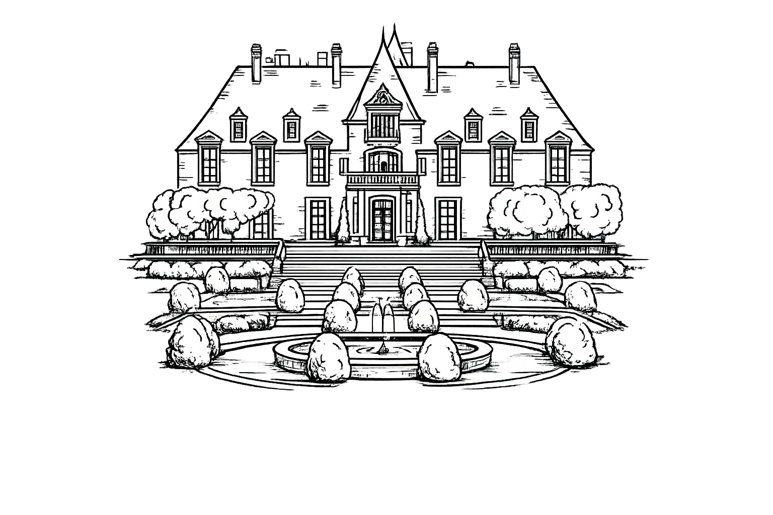 A black and white illustration of a large mansion with multiple windows, a staircase leading to the entrance, a surrounding garden with trimmed bushes, trees, and a fountain in the front yard.