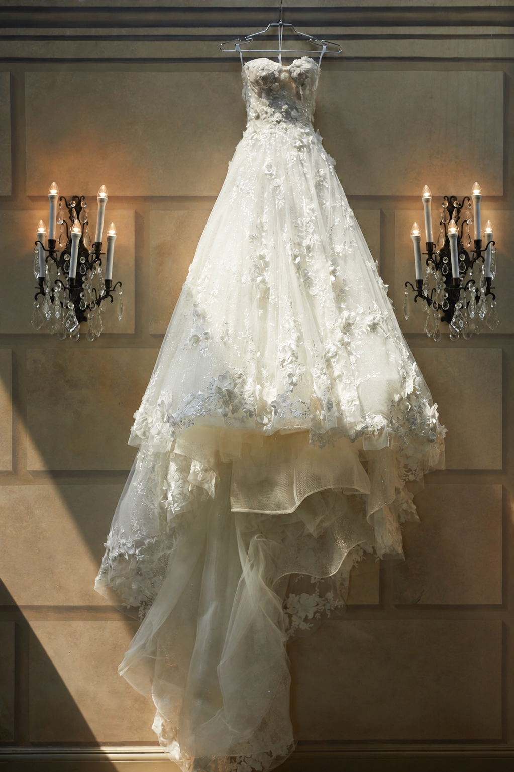 Wedding gown hanging as the bride prepares for the day