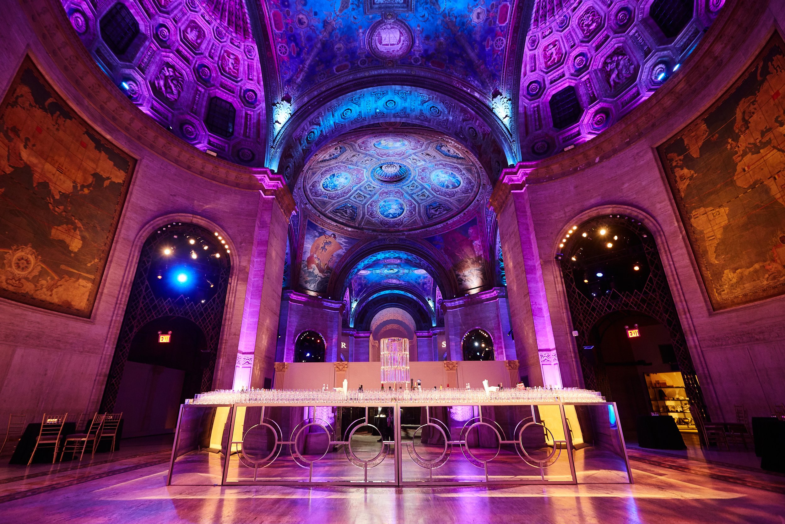 Mirrored bar installation at a Bar Mitzvah at Cipriani Wall Street in New York City — a striking focal point set beneath the grand domed ceiling, reflecting light, architecture, and atmosphere with a sleek, modern edge.