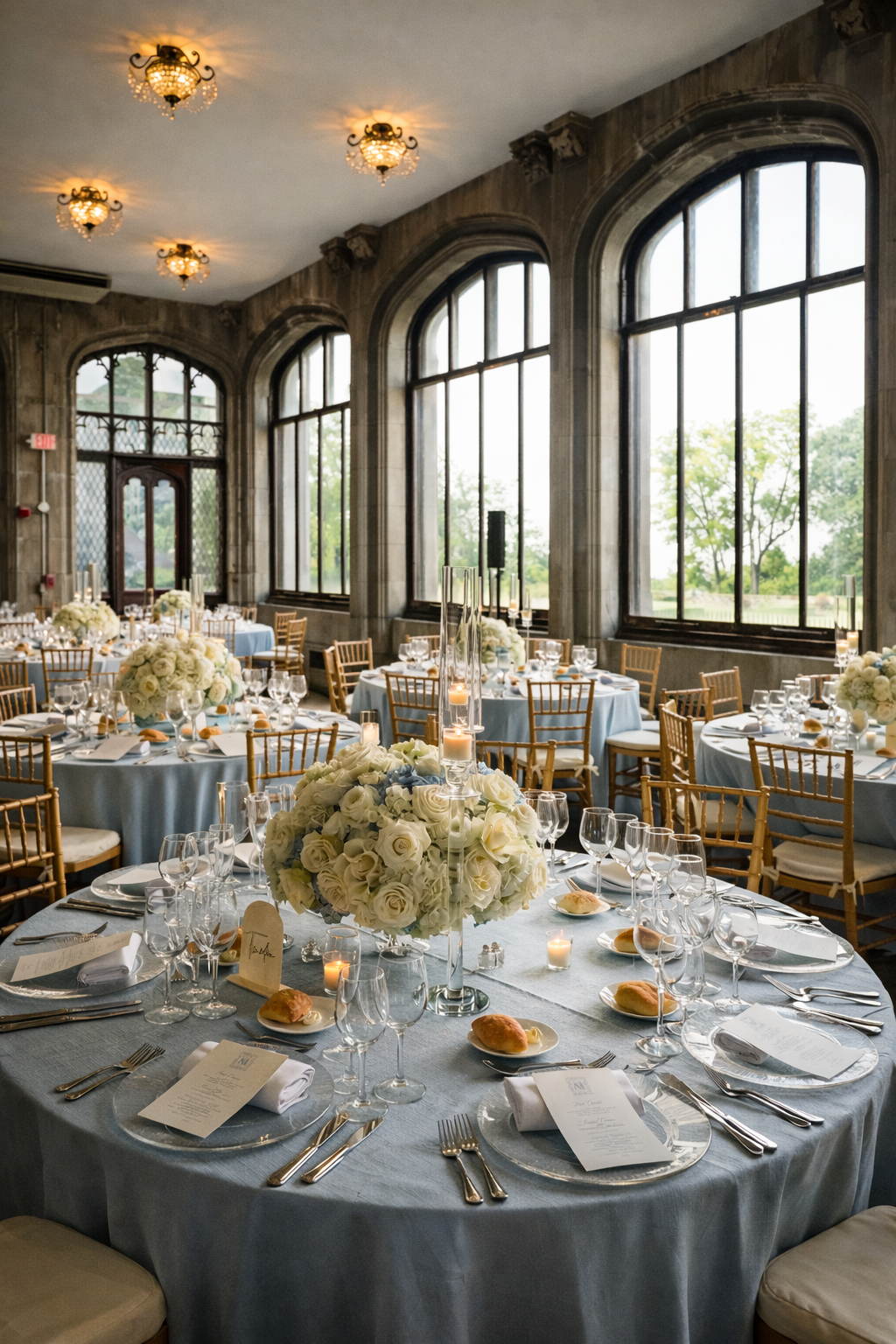 Hempstead House reception space with tall arched windows, blue linens, and white floral centerpieces