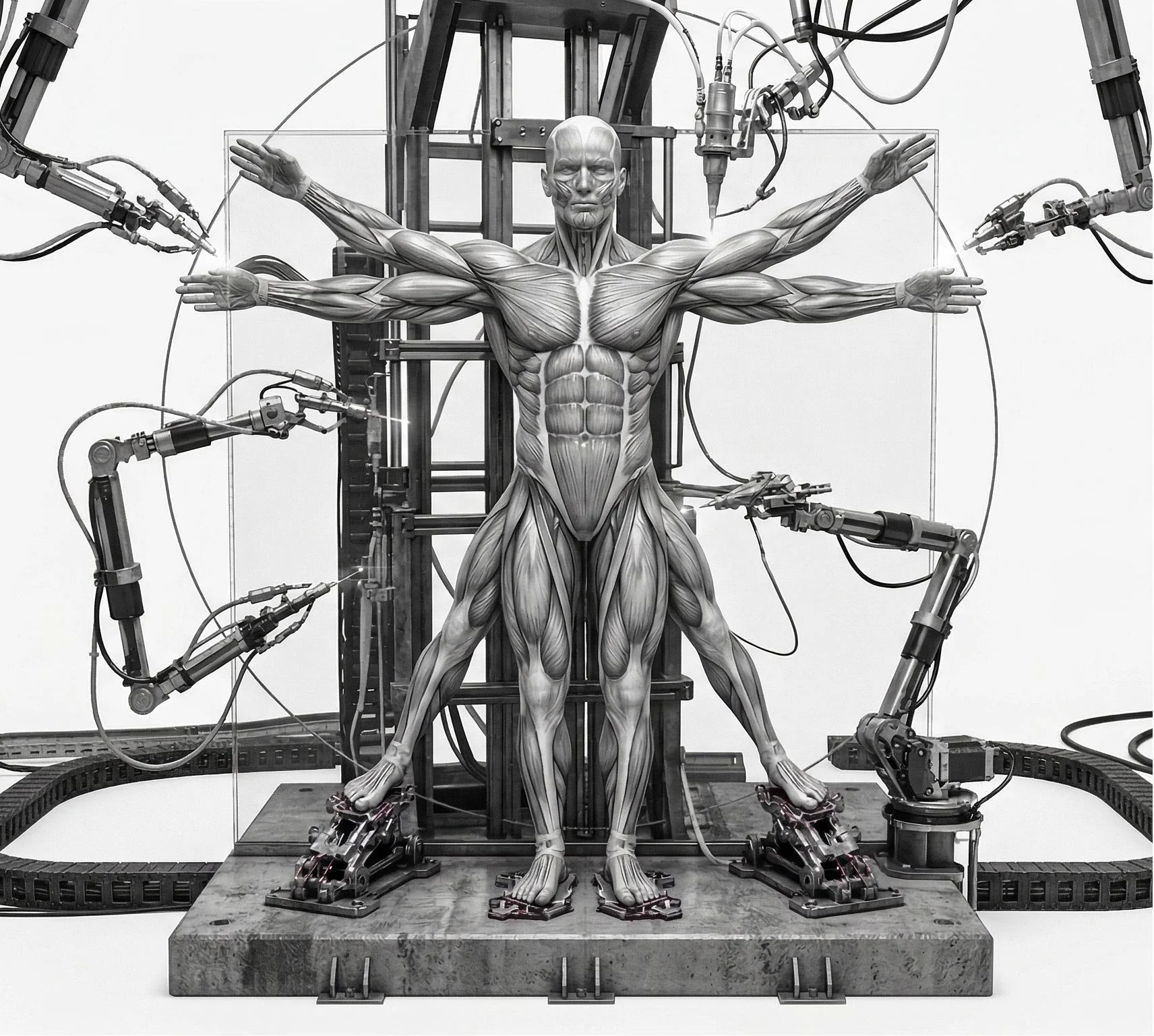 Black and white photo of the anatomical human body model with muscles, mimicking Leonardo da Vinci's Vitruvian Man, surrounded by robotic arms and machinery in a laboratory setting.